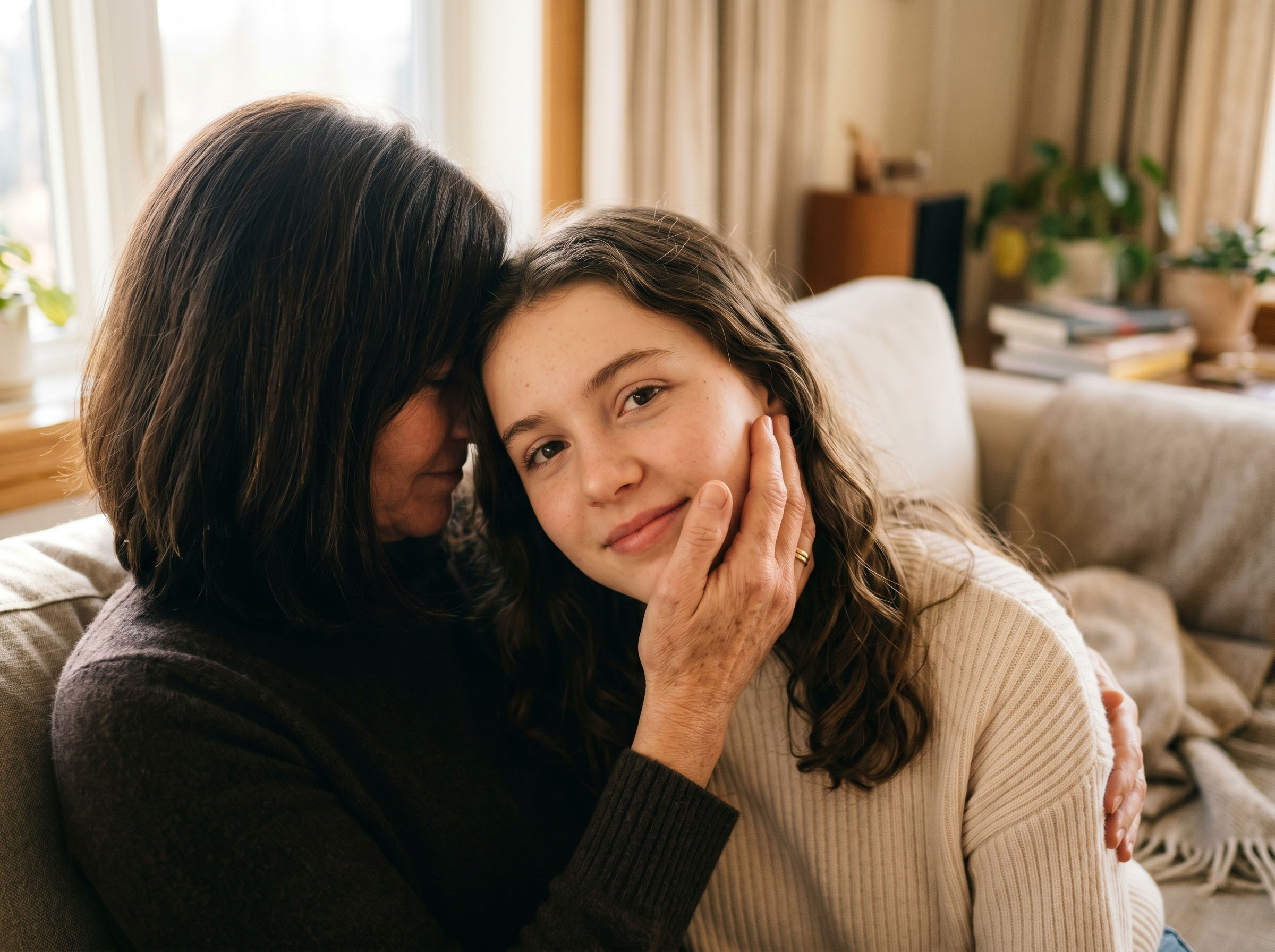 A mother's hand gently cradling a child's face, expressing wordless love and tenderness
