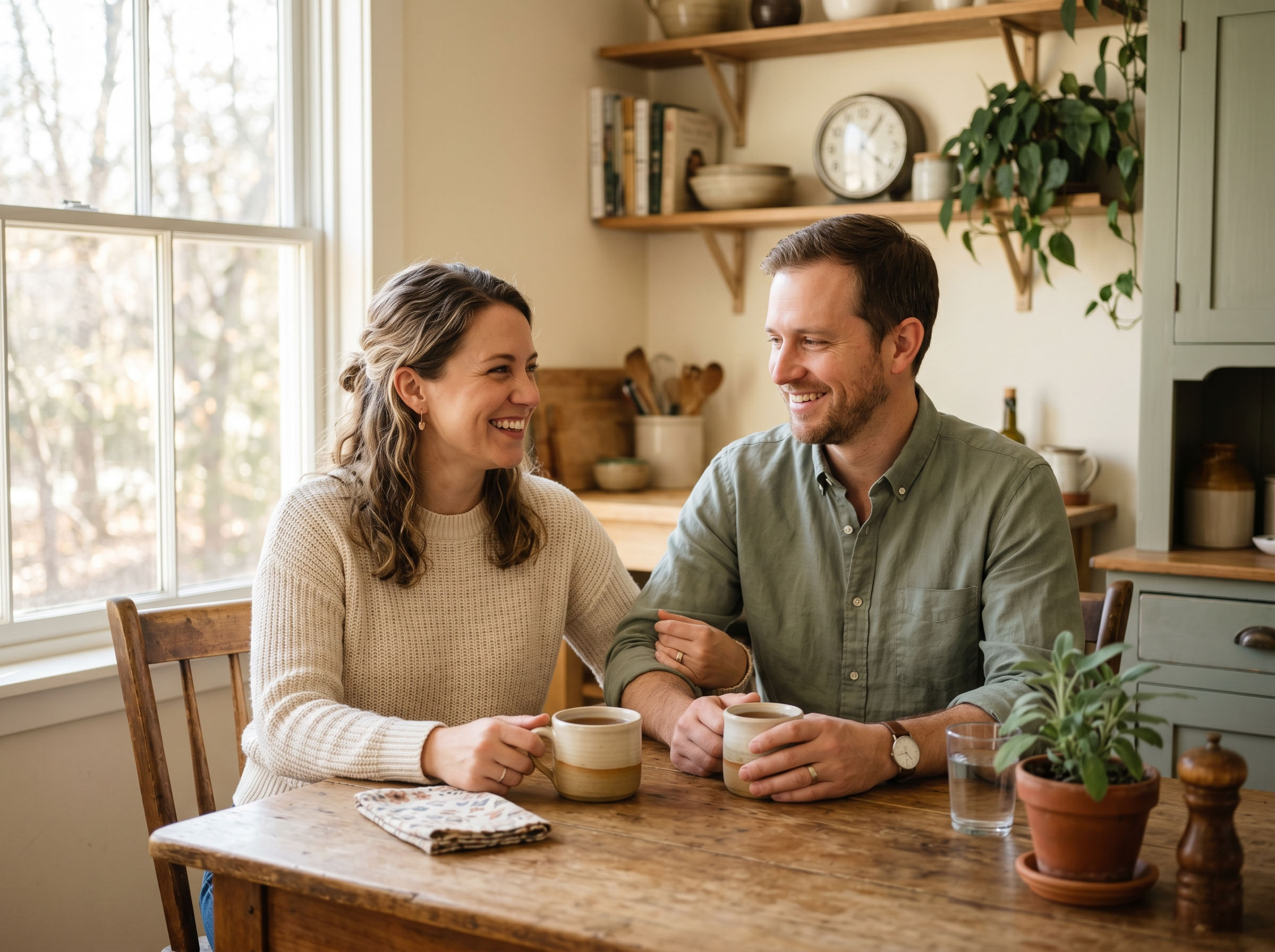 A couple sitting together at a kitchen table in comfortable conversation, warm domestic atmosphere, afternoon light
