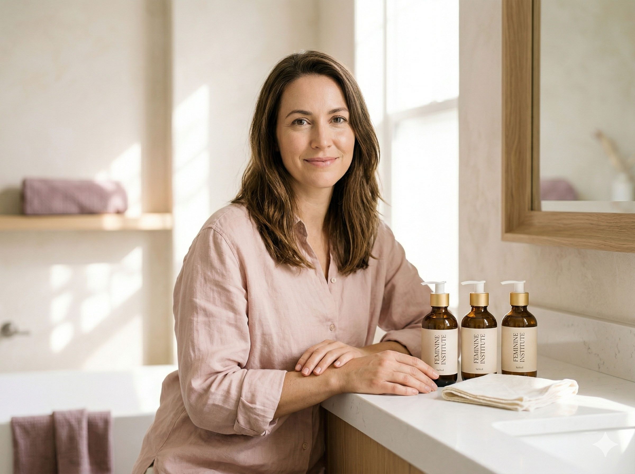Woman in a bright bathroom reviewing skincare and hygiene products at a vanity