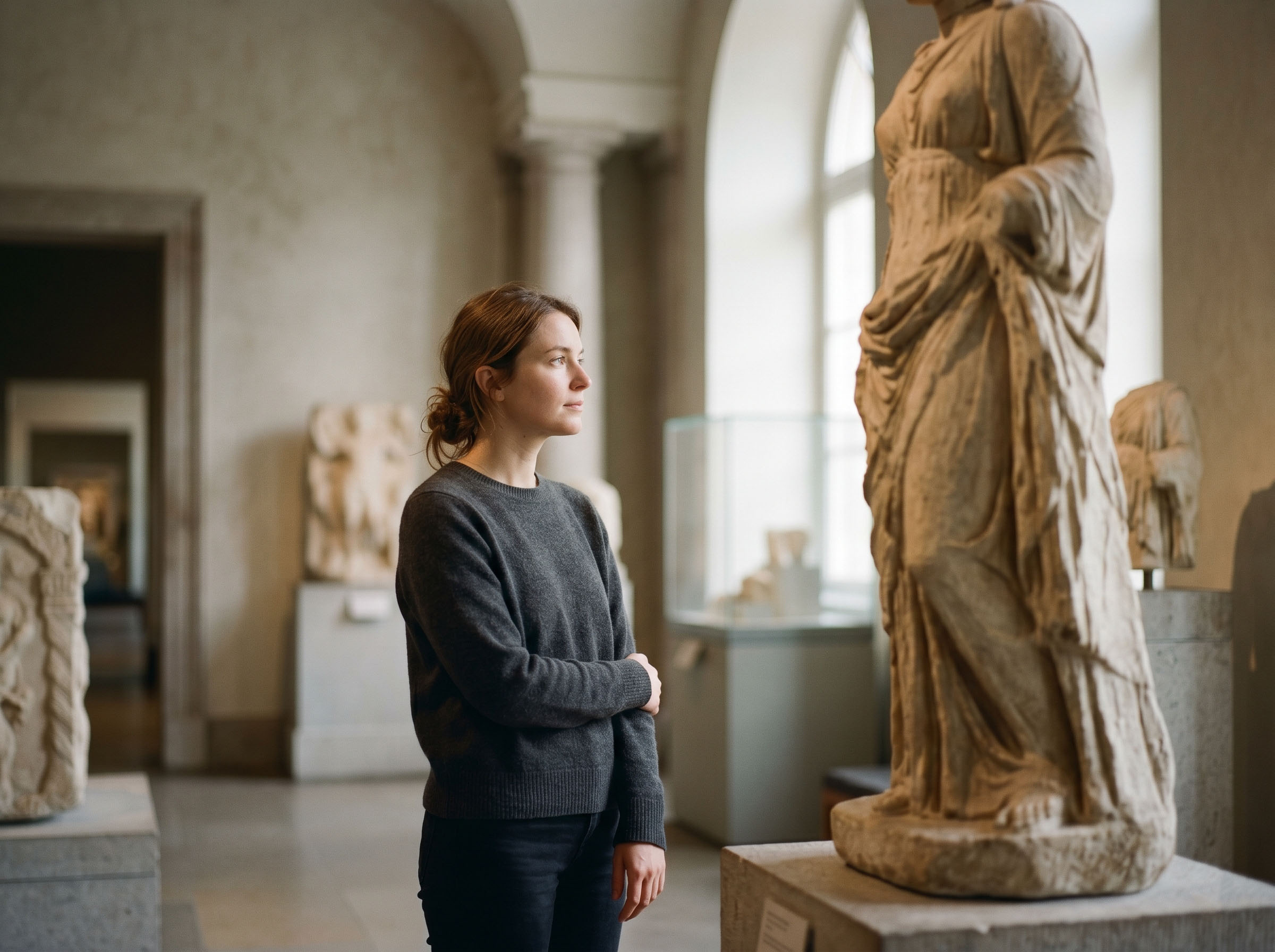 Modern woman reflecting near ancient stone goddess sculpture in museum setting