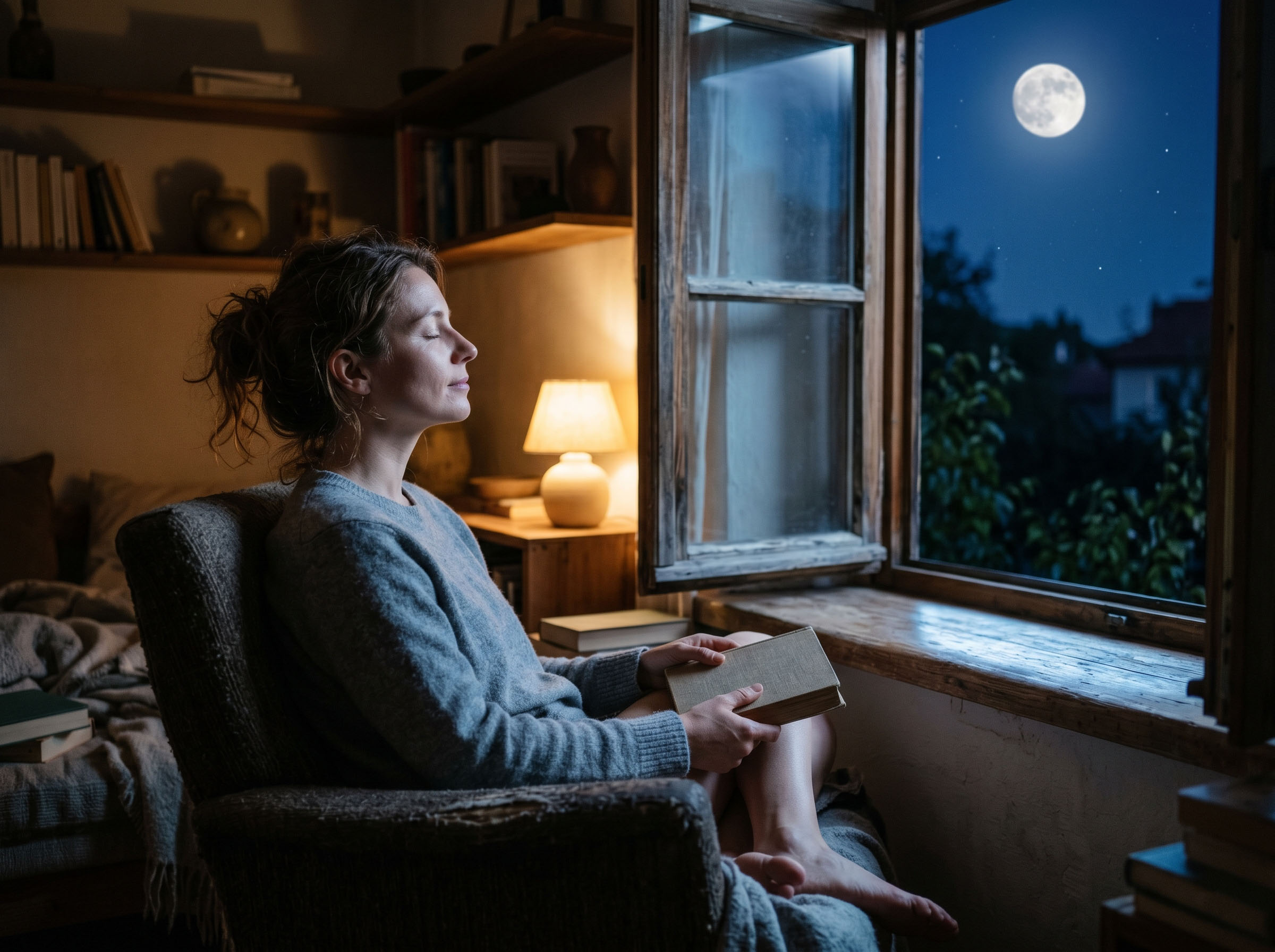 Woman sitting by a window at night with moonlight falling across her, representing circadian rhythm and natural light exposure