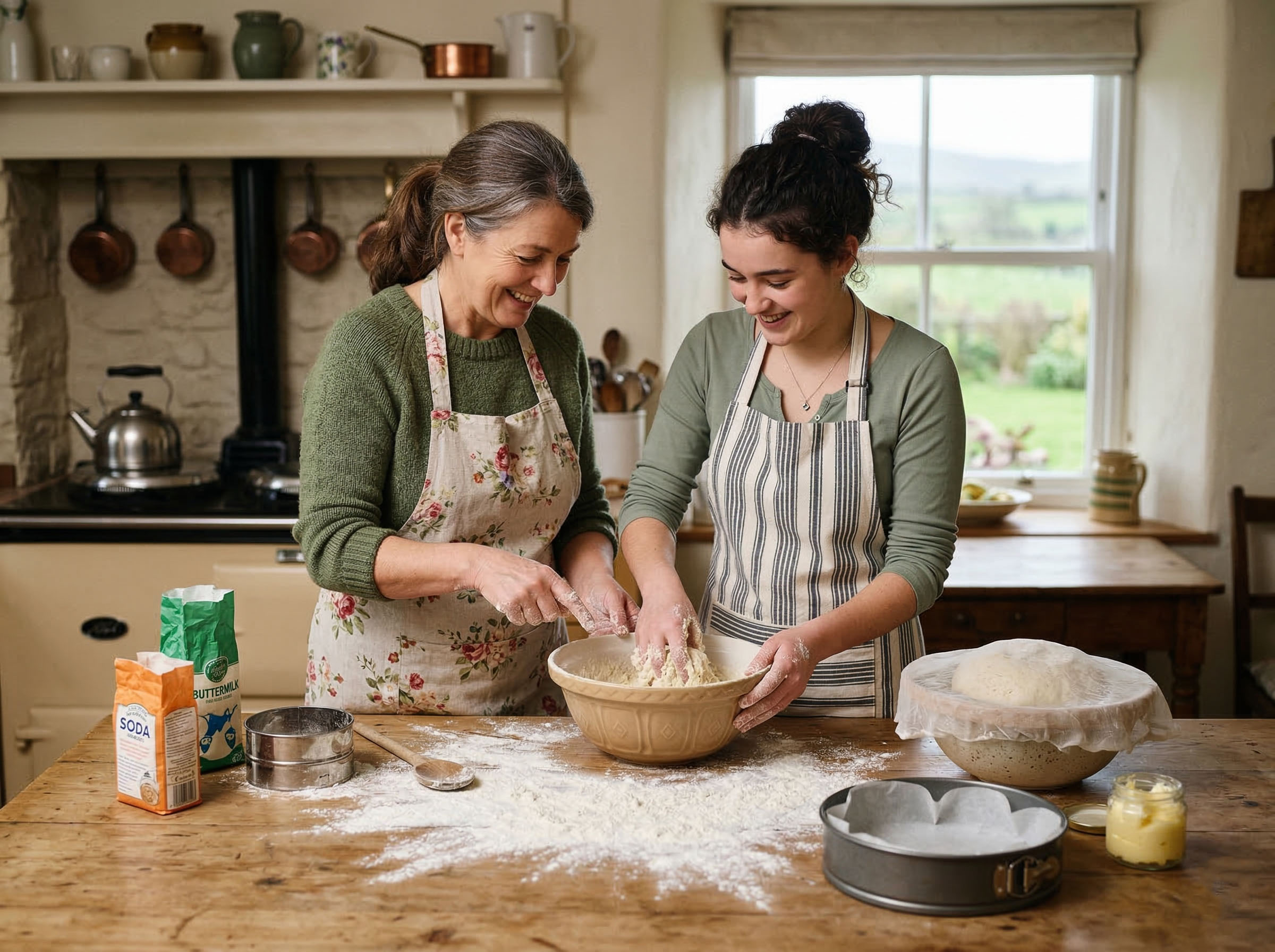 Madre e hija horneando pan de soda irlandés tradicional para el Día de San Patricio