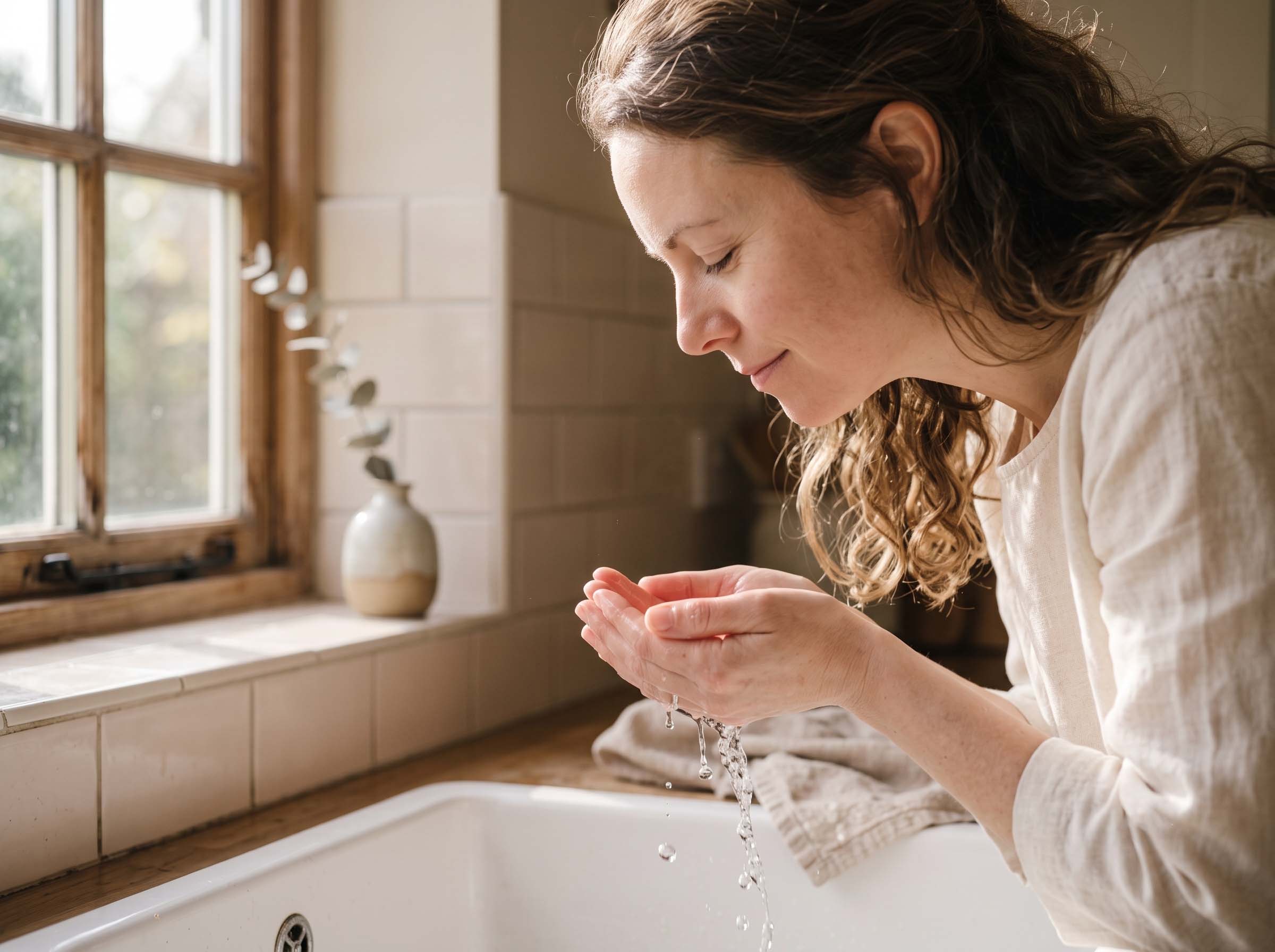 Woman splashing cool water on her face as a quick nervous system reset