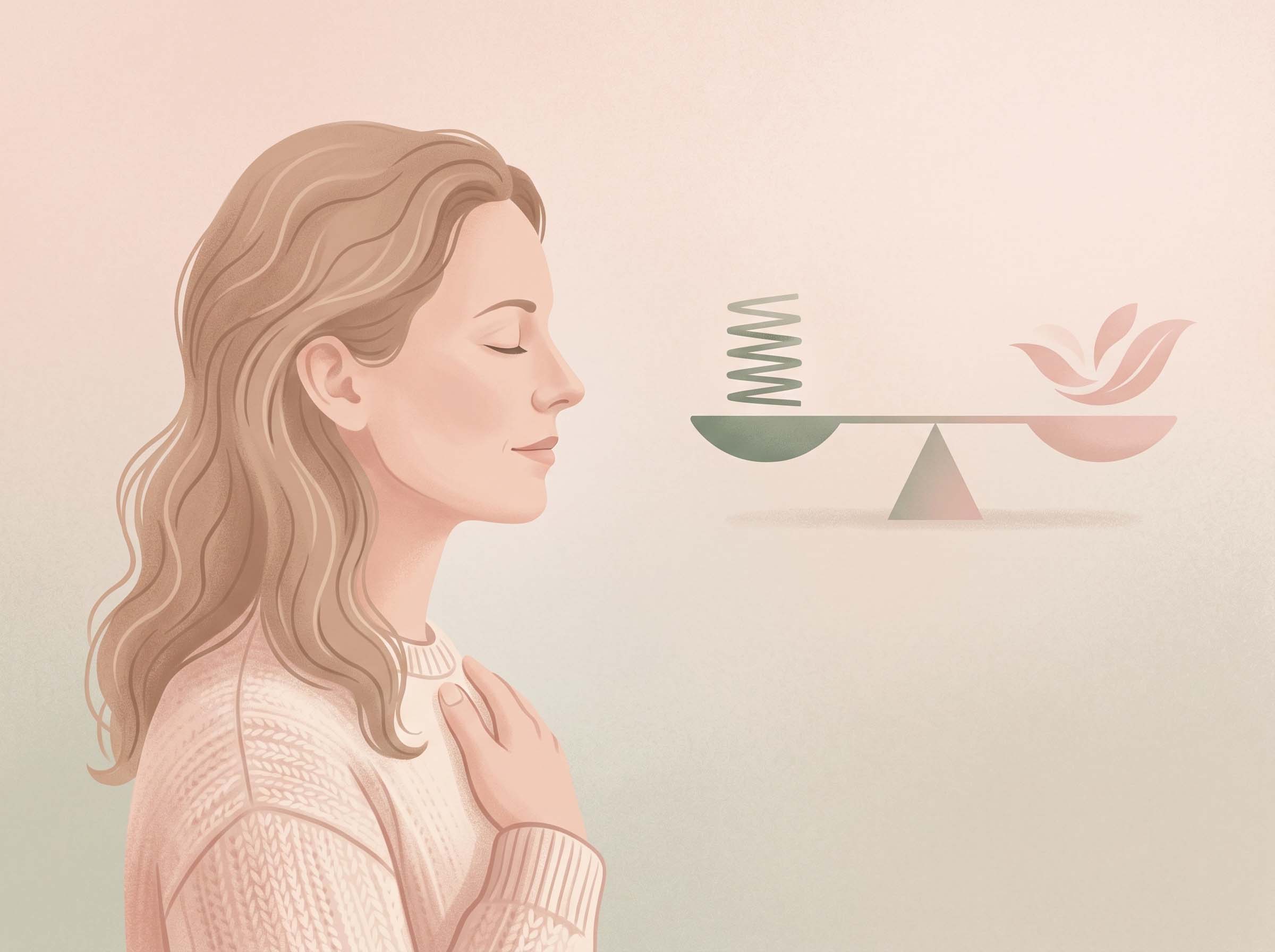Illustration of a calm woman with a balanced seesaw motif representing the two states of the female nervous system
