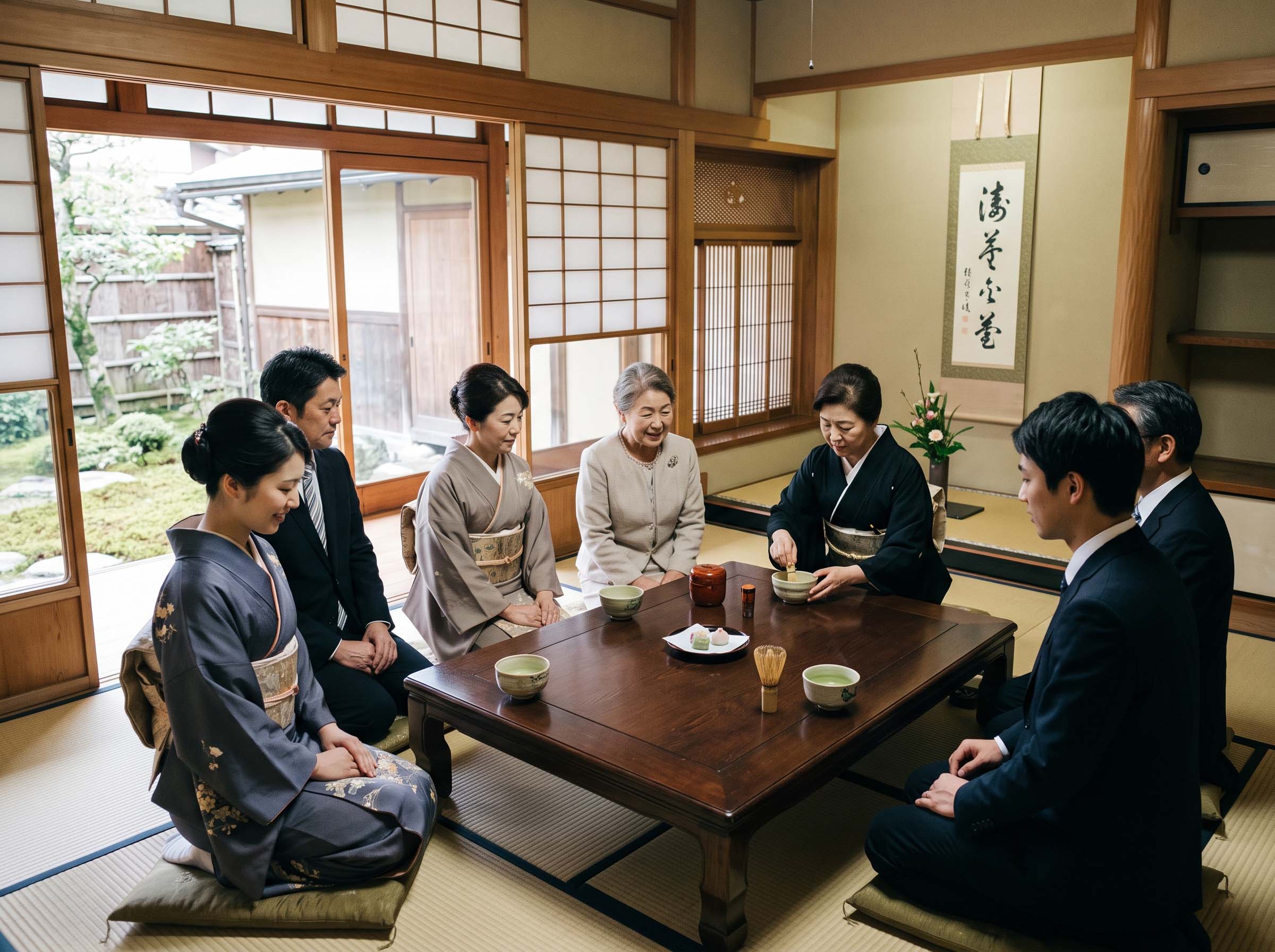 Two families sharing tea during a traditional formal introduction meeting