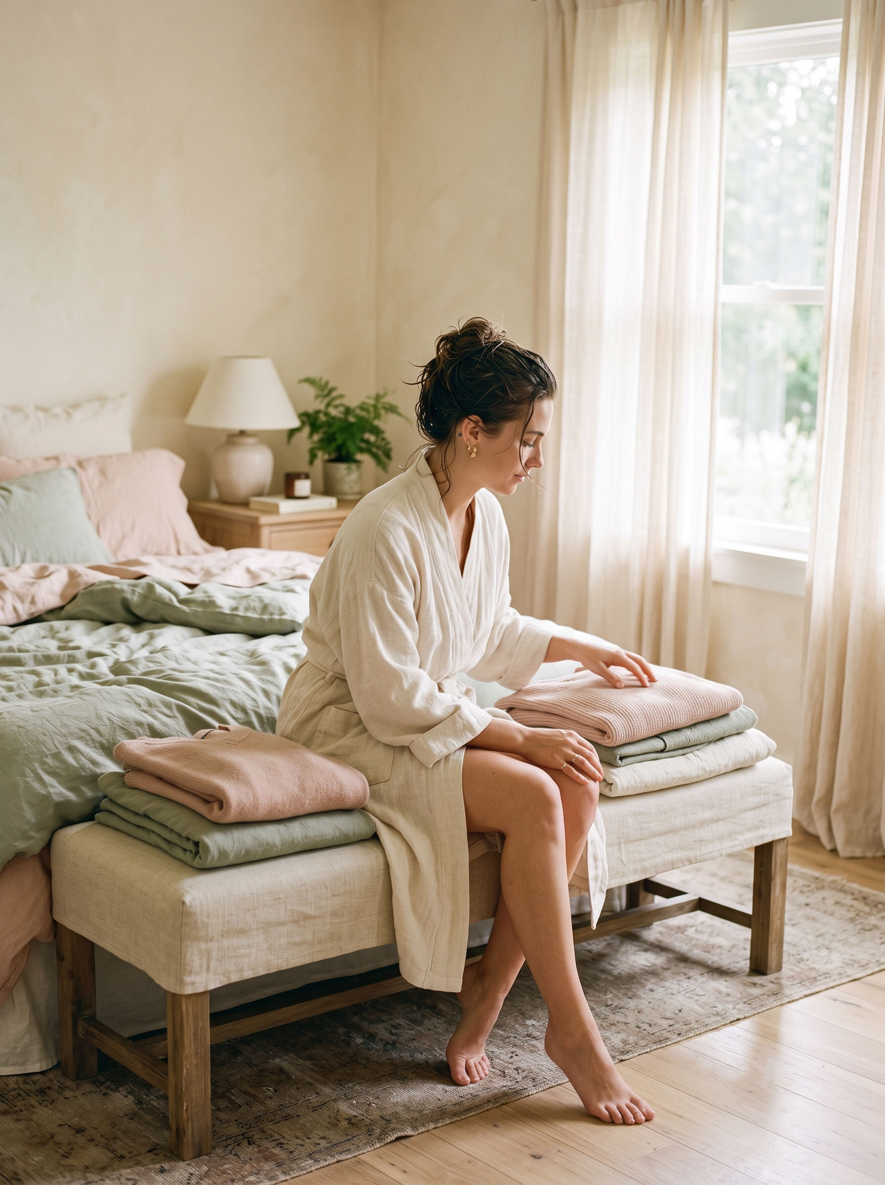 Woman in a soft linen robe standing at a bright bathroom window during her unhurried morning routine