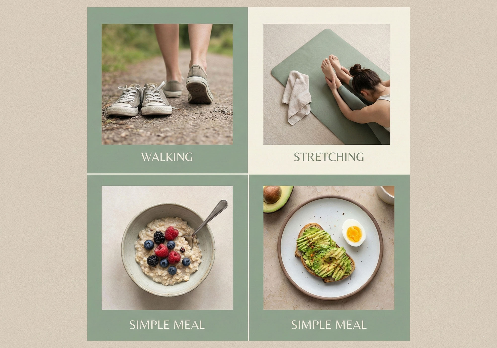 photograph showing walking, stretching, and simple meals