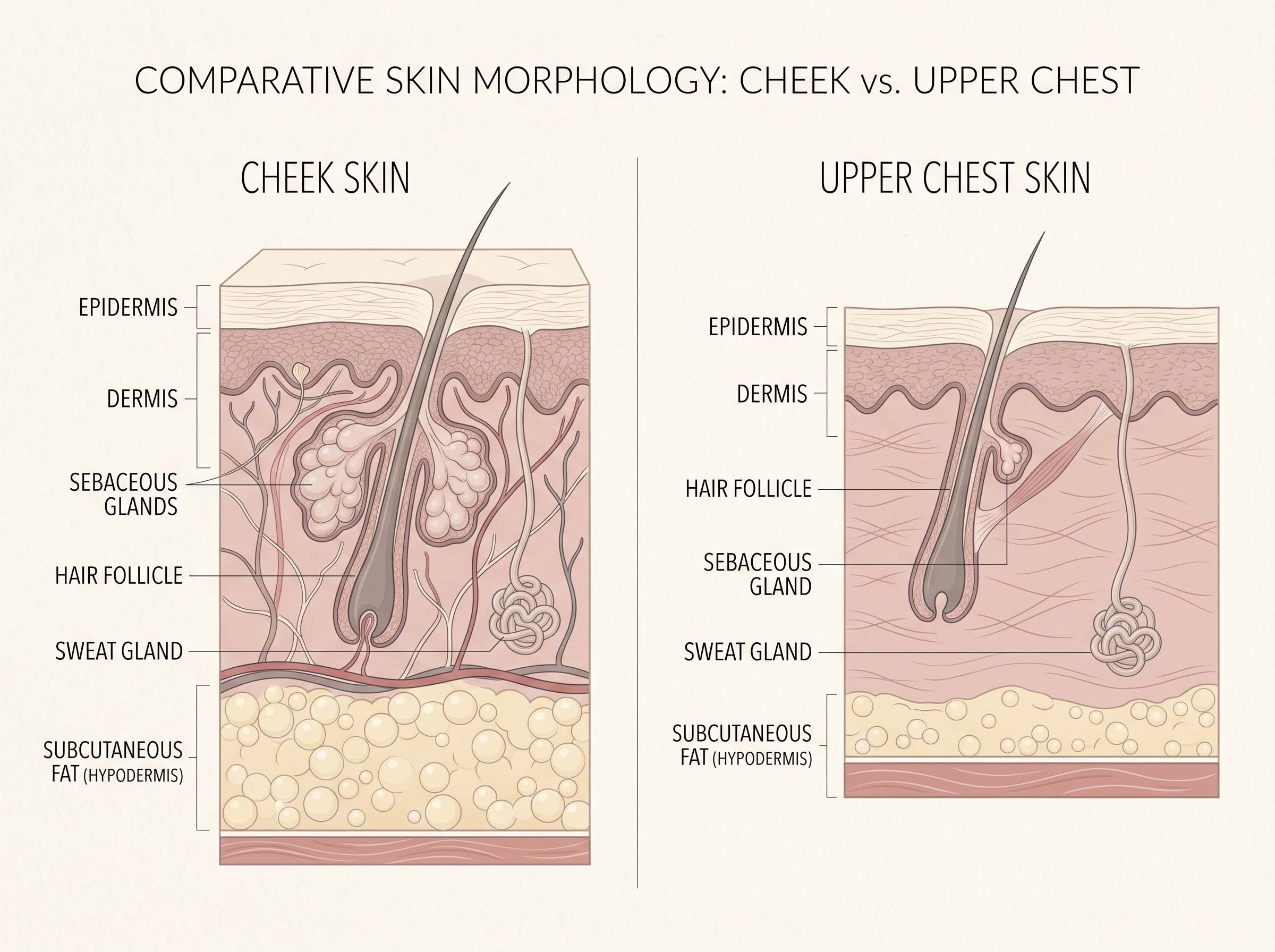 Illustrated cross-section diagram comparing the layers of facial skin and chest skin