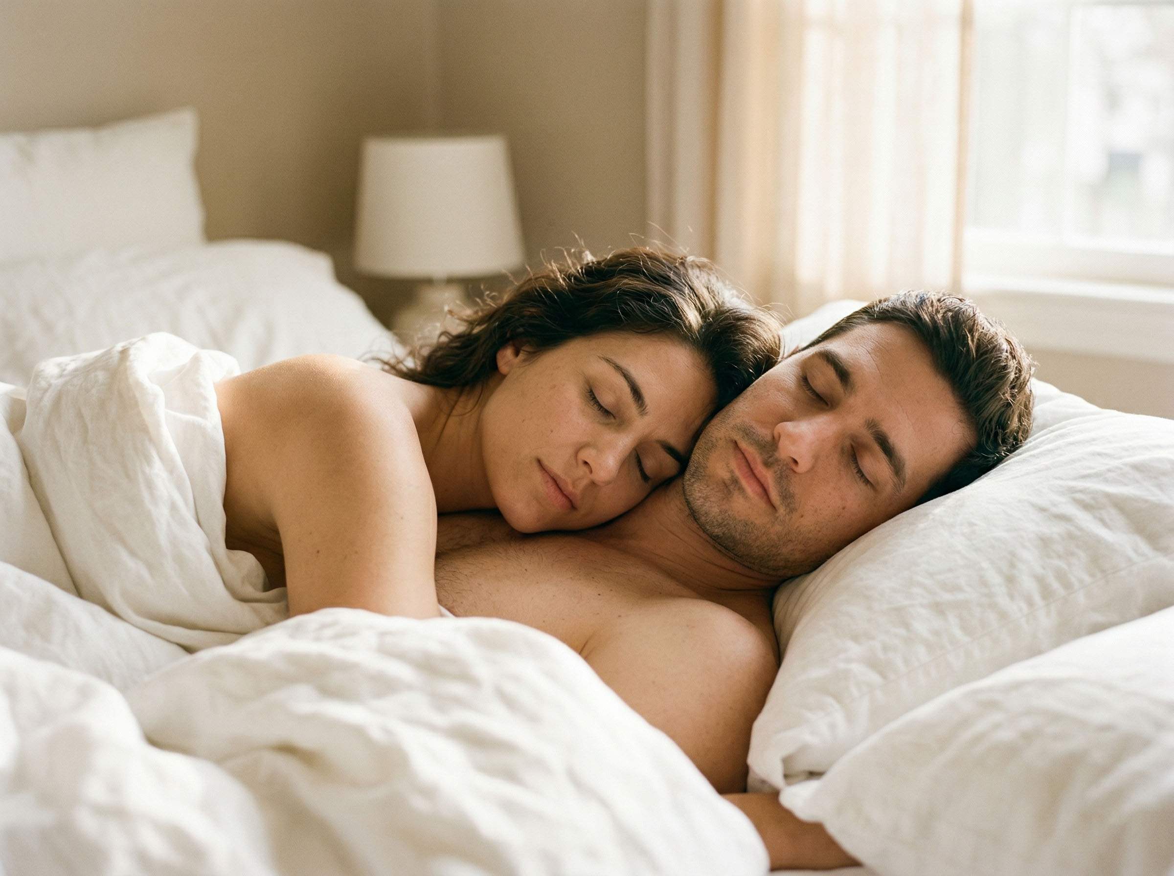 Couple sleeping peacefully together under soft white linen, warm morning atmosphere