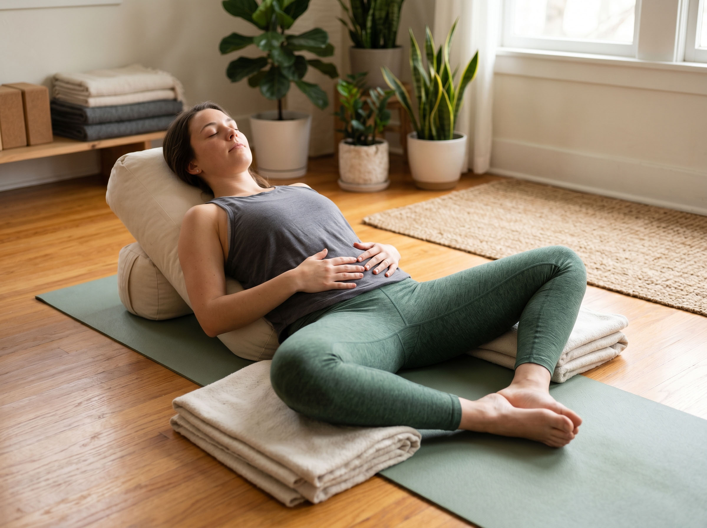 Woman practicing supported reclined butterfly yoga pose on a mat with bolster, natural light, reproductive wellness