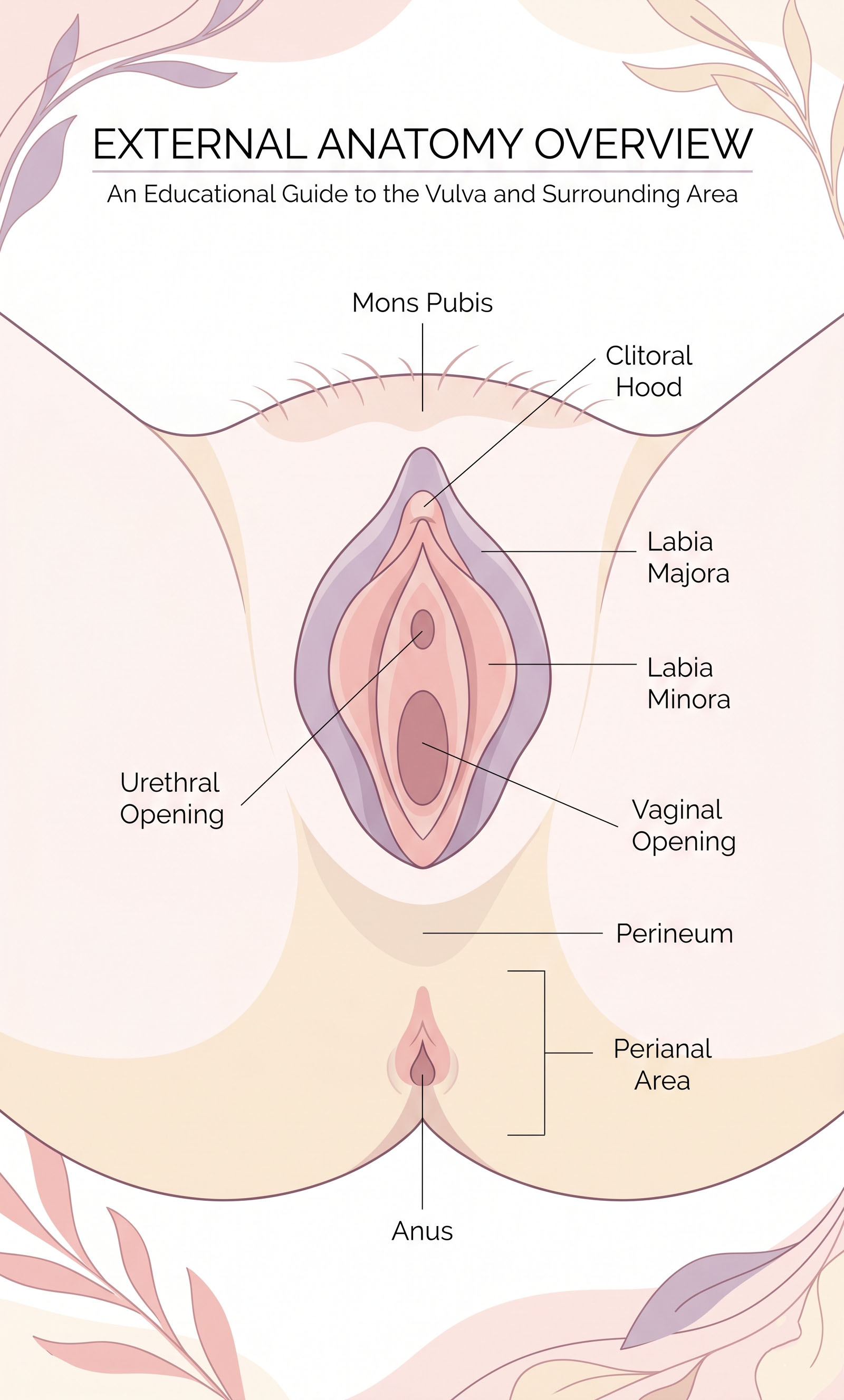 Soft pastel illustration showing approximate anatomy of the vulvar and perineal region, educational and non-graphic