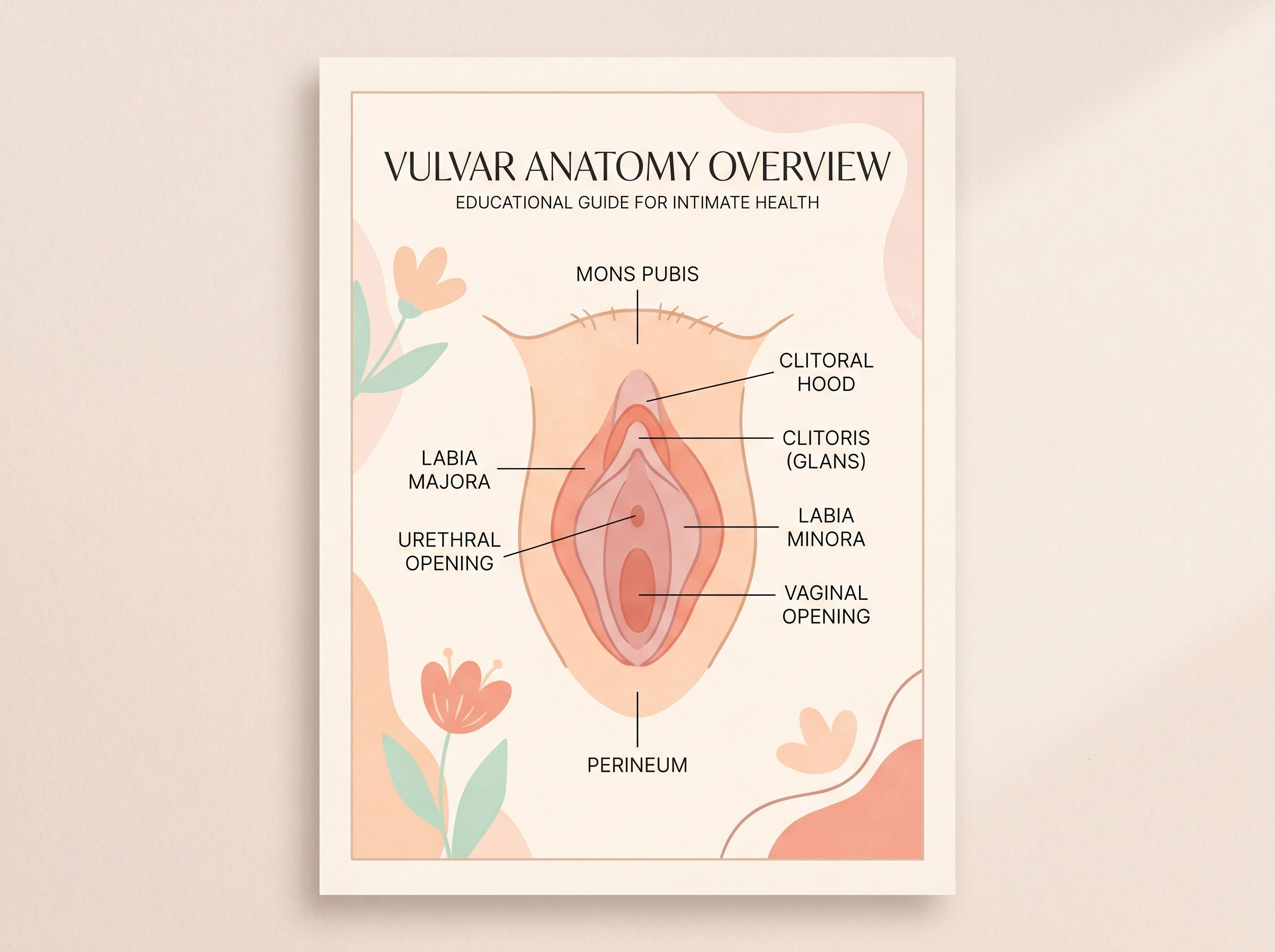 Simple illustrated diagram showing the external vulva anatomy with labeled parts for educational feminine care context
