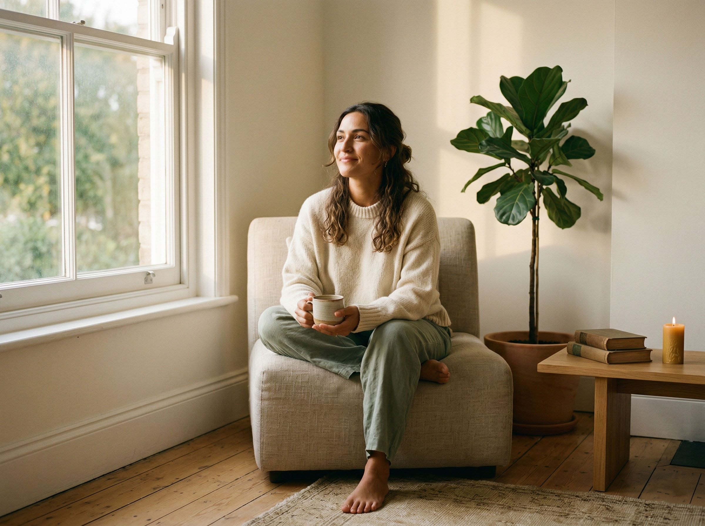A woman sitting quietly in a sunlit space, looking calm and confident — representing self-awareness and body knowledge