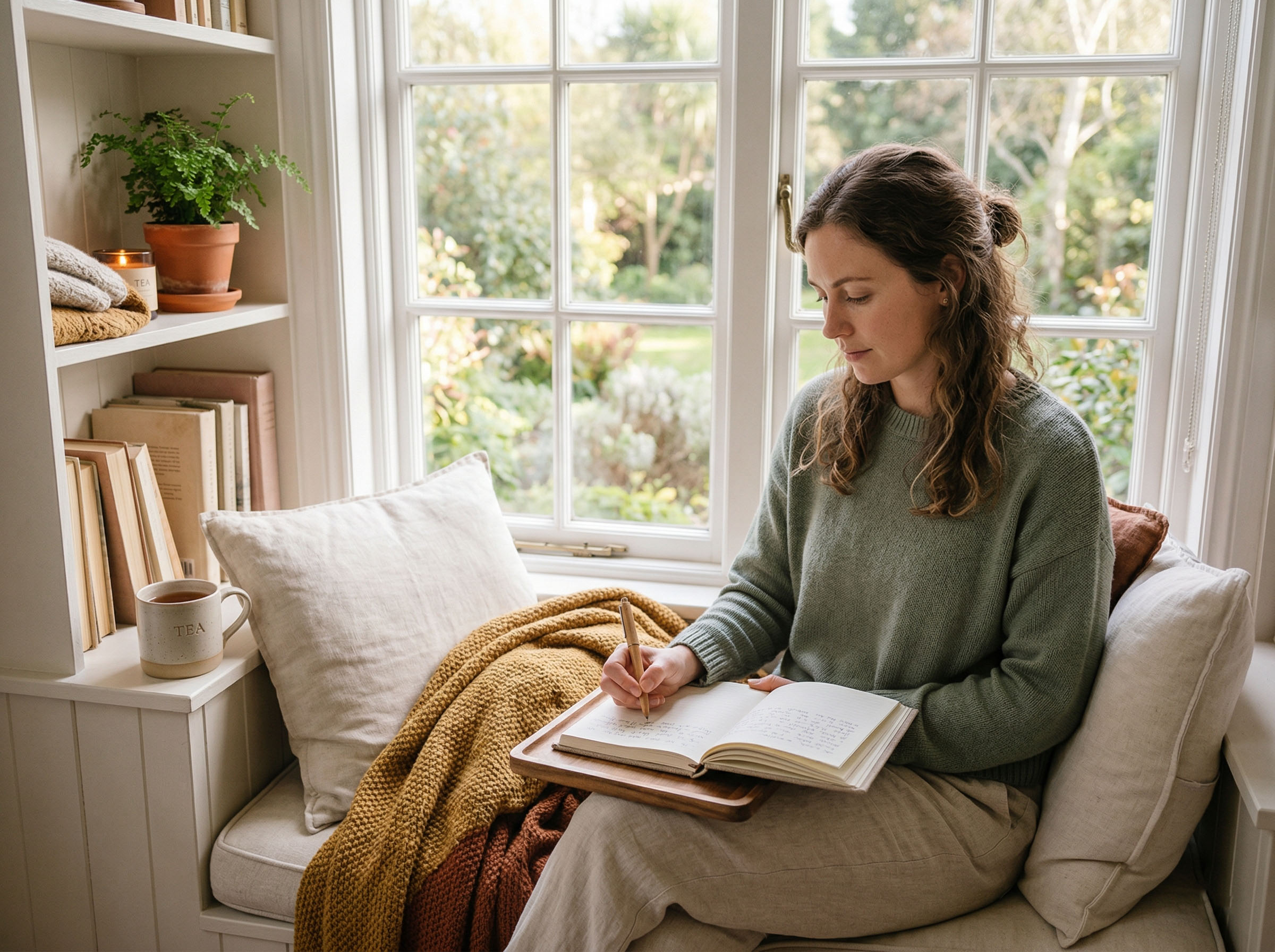 A woman sitting by a window with a journal, thoughtfully reflecting on her emotions and relationship communication