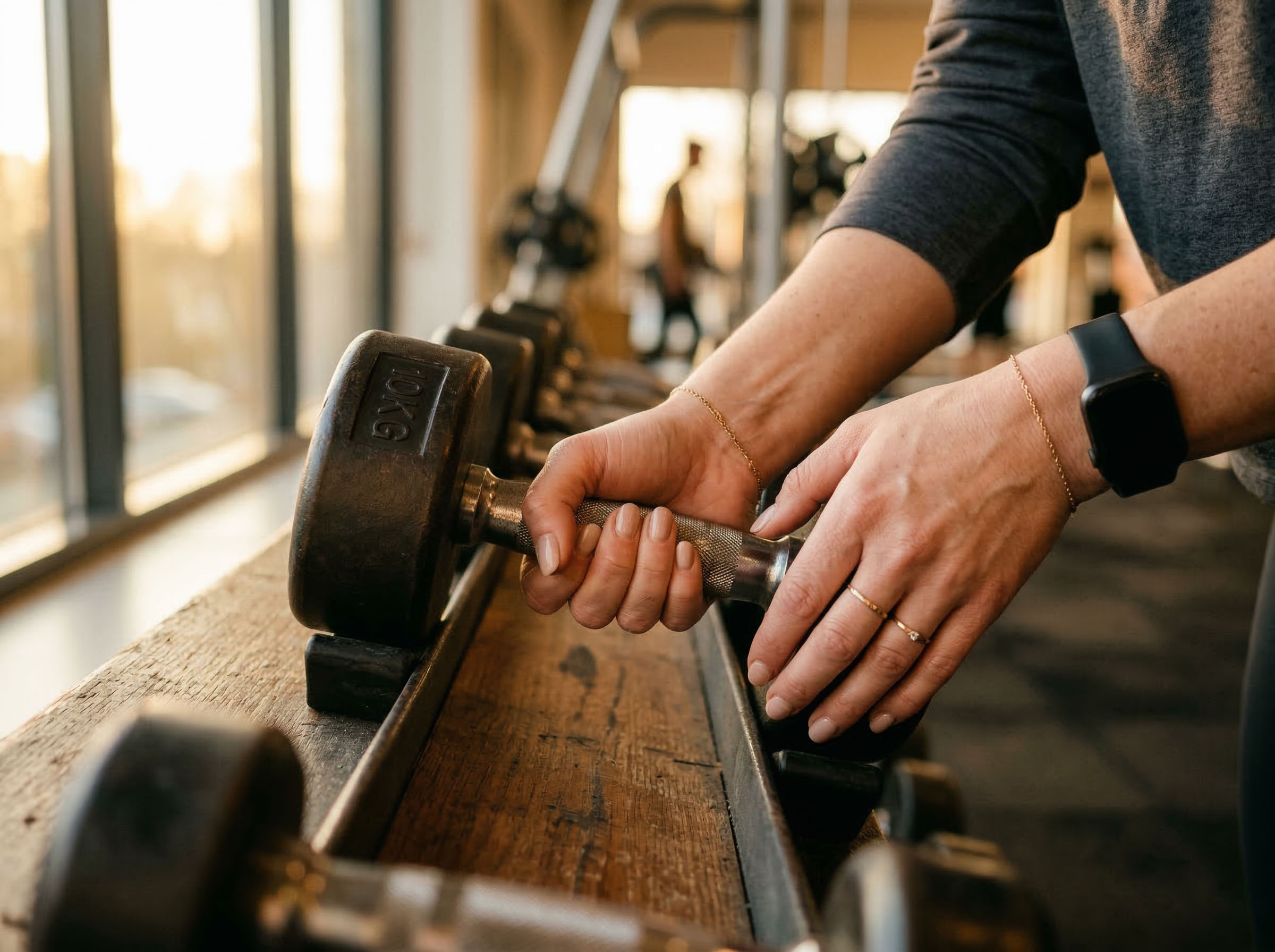 Woman gripping dumbbell at gym — learning to lift weights for the first time