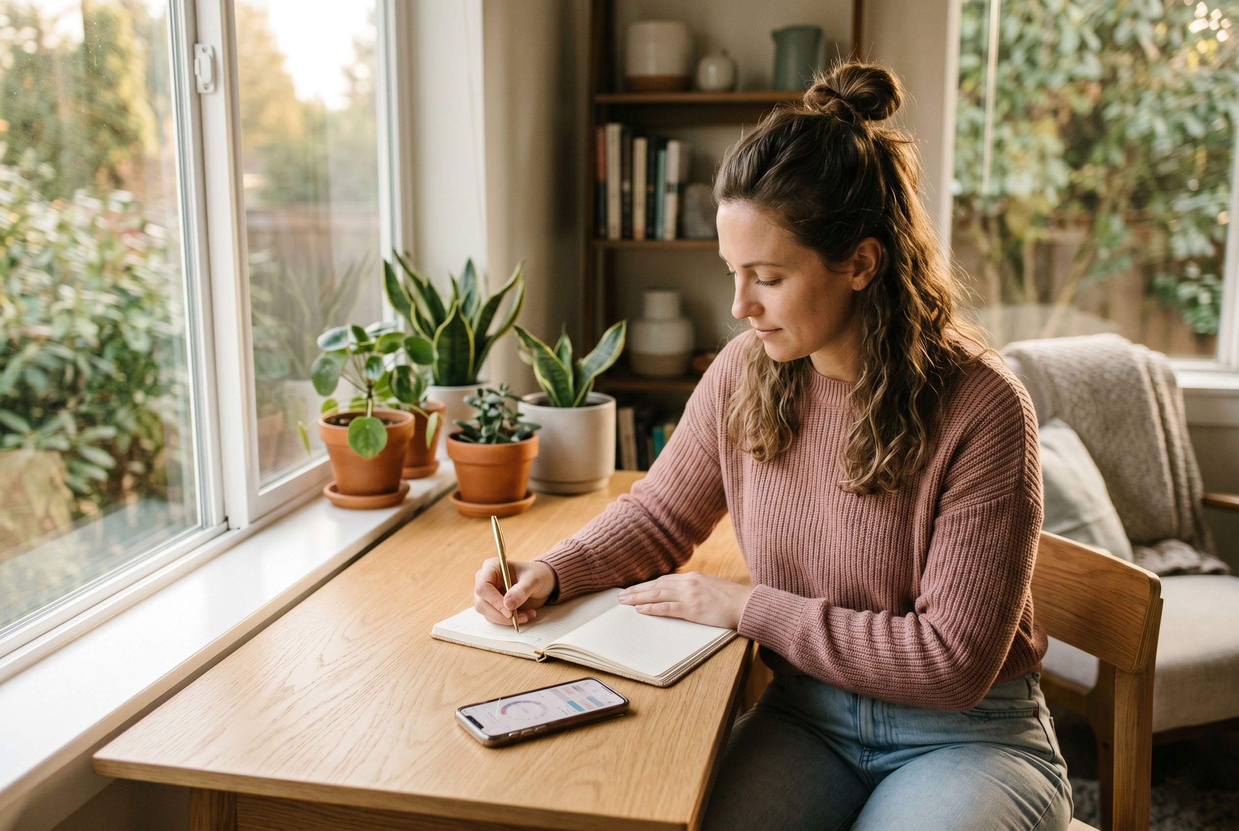 A woman in her late 20s to mid-30s sitting at a light wood desk near a window, writing in an open notebook.