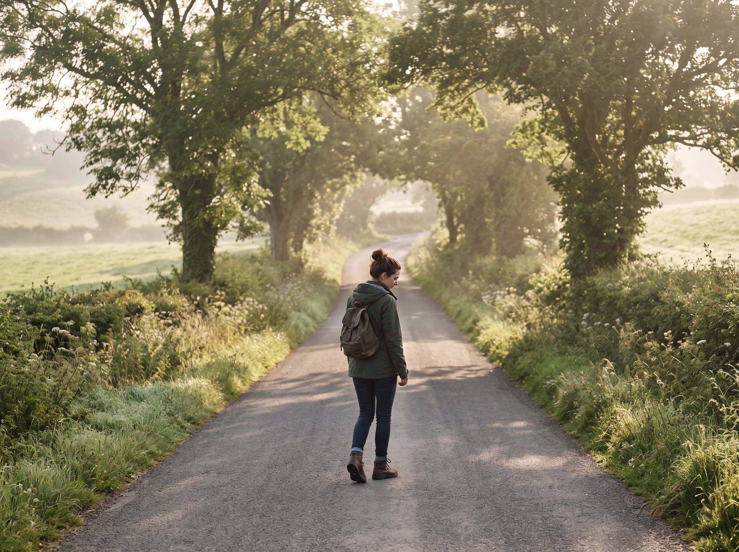 A woman walking alone along a quiet tree-lined country lane in gentle morning light