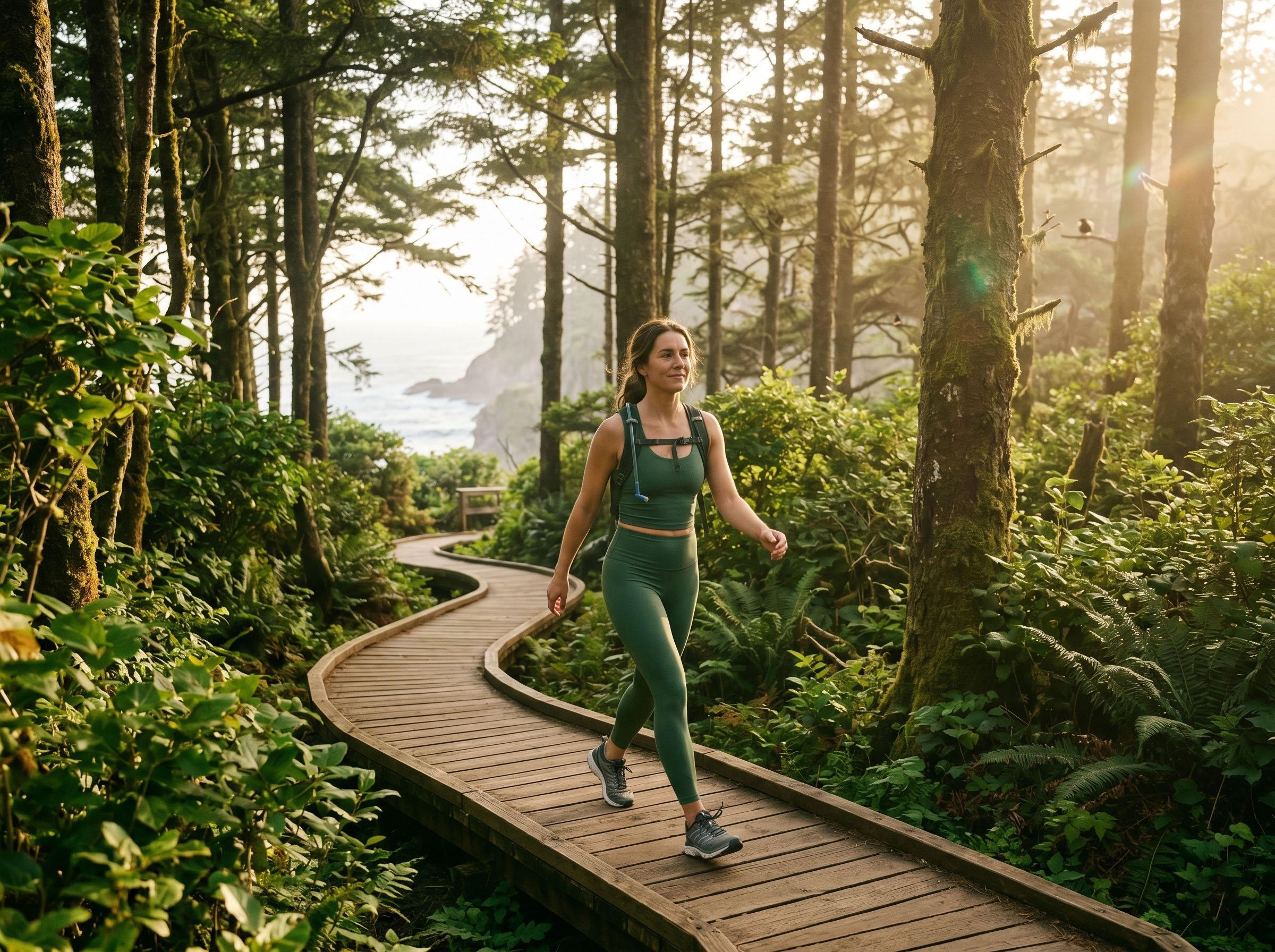 Woman walking outdoors on a sunlit path during an active recovery day
