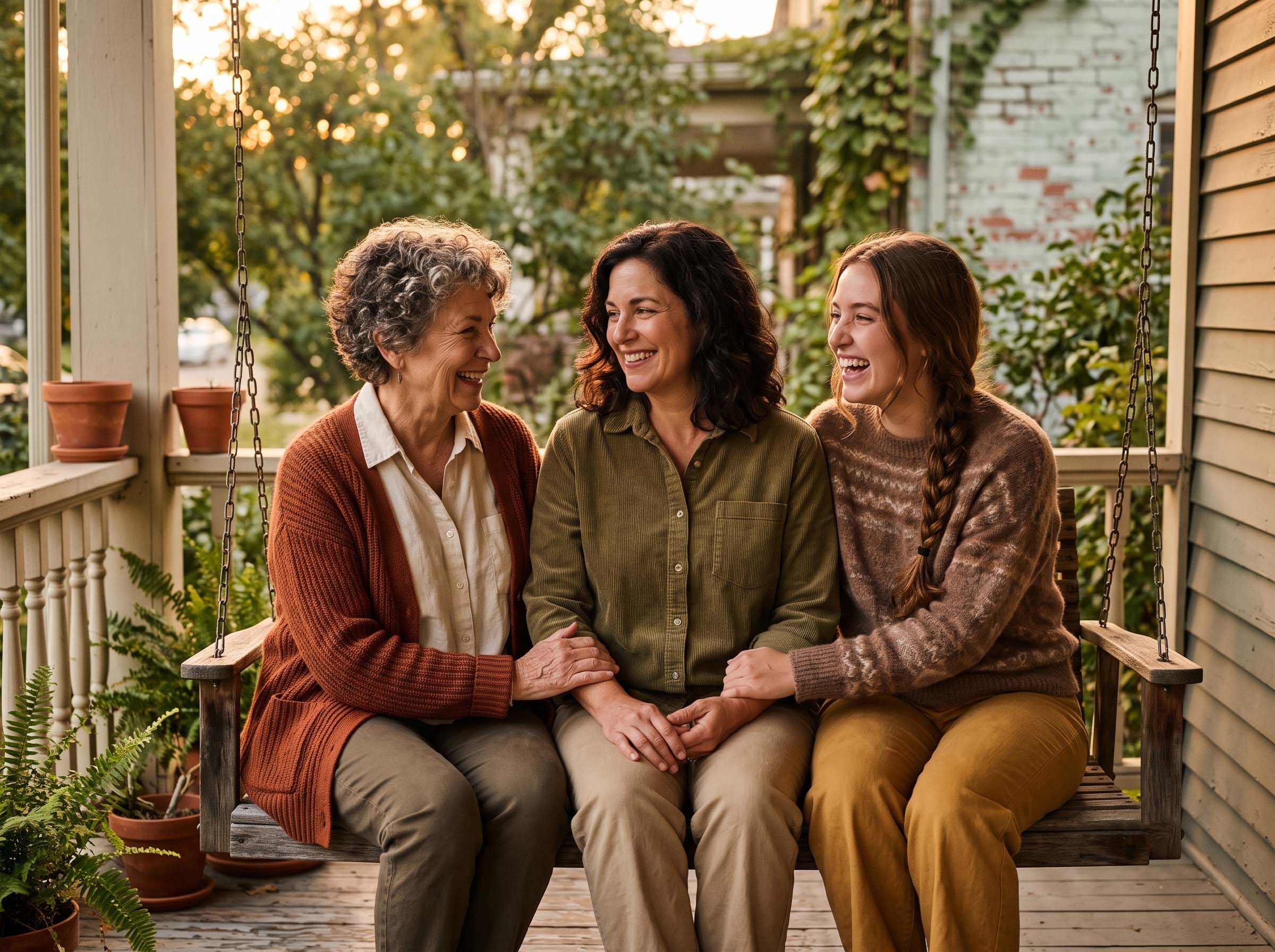 Three generations of women sitting together in quiet support and connection
