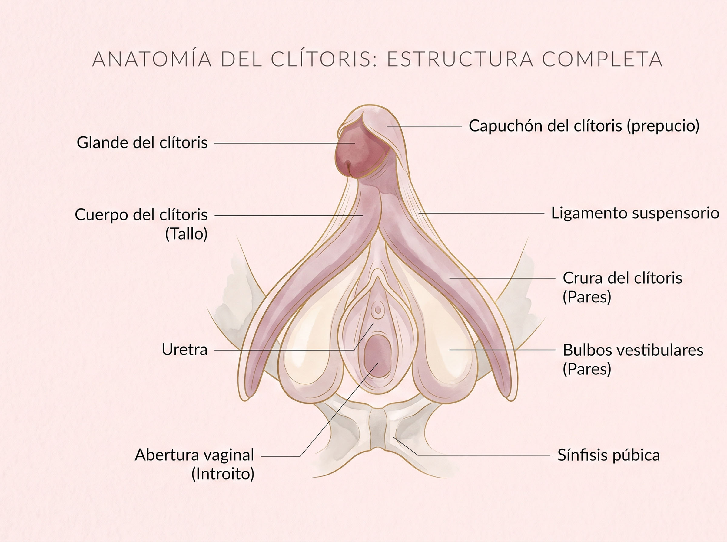 Elegante ilustración anatómica de la estructura clitoridiana completa que muestra el glande, el cuerpo, los pilares y los bulbos vestibulares