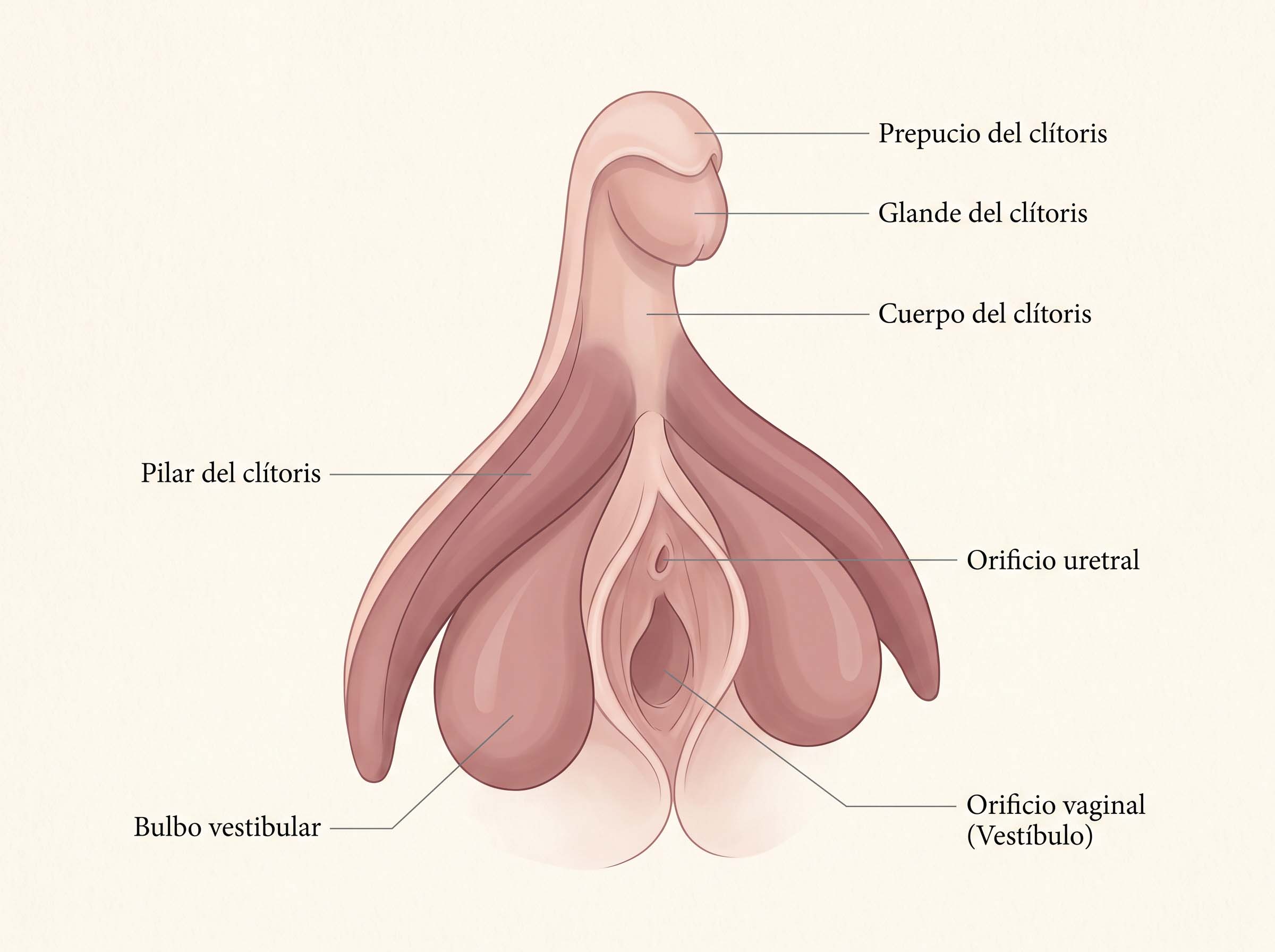 Diagrama anatómico que muestra la estructura interna del clítoris, incluidos el glande, el capuchón, el cuerpo, los pilares y los bulbos vestibulares