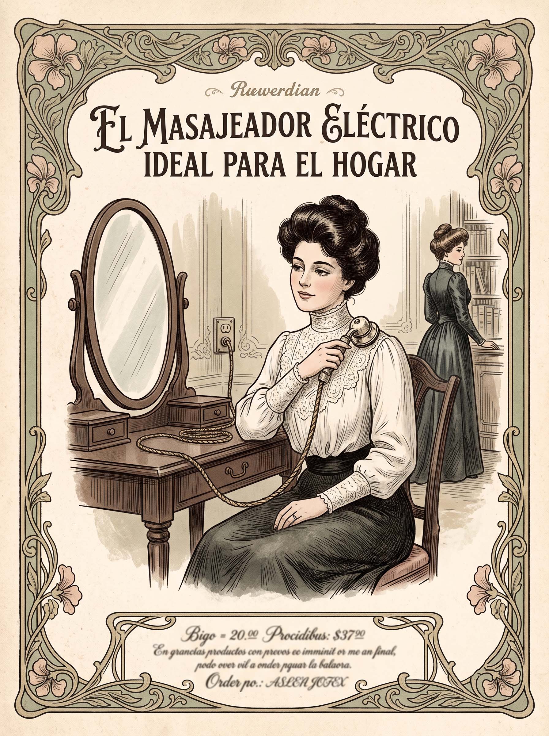 Un anuncio de revista antiguo al estilo de principios de la década de 1900 que presenta un vibrador eléctrico como un electrodoméstico saludable para la salud del hogar