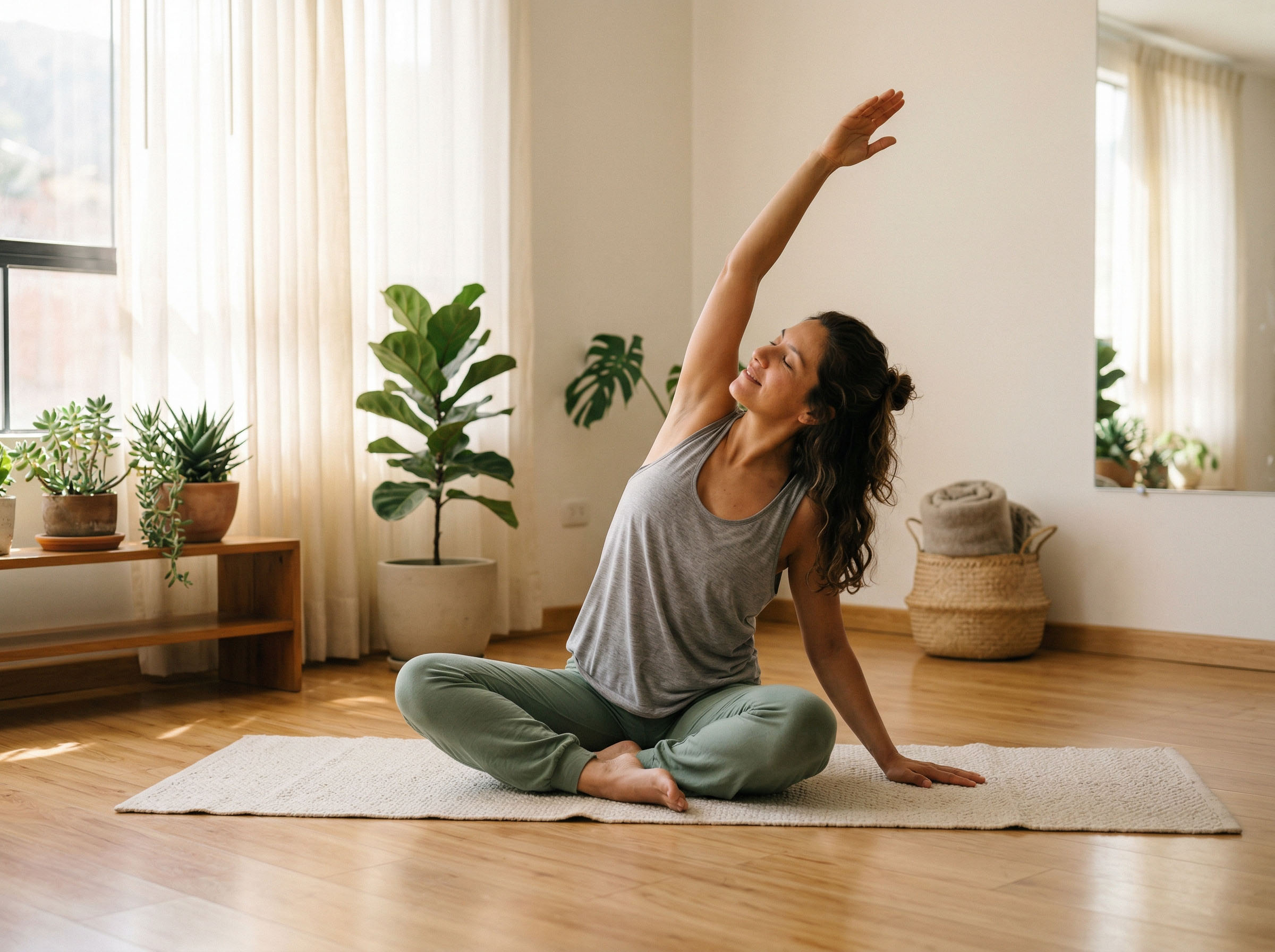 Una mujer estirándose pacíficamente en una habitación tranquila