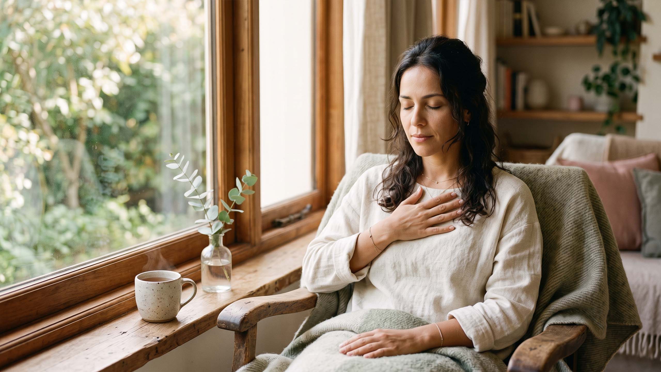 Mujer junto a una ventana respirando lentamente para calmar un sistema nervioso hiperactivo