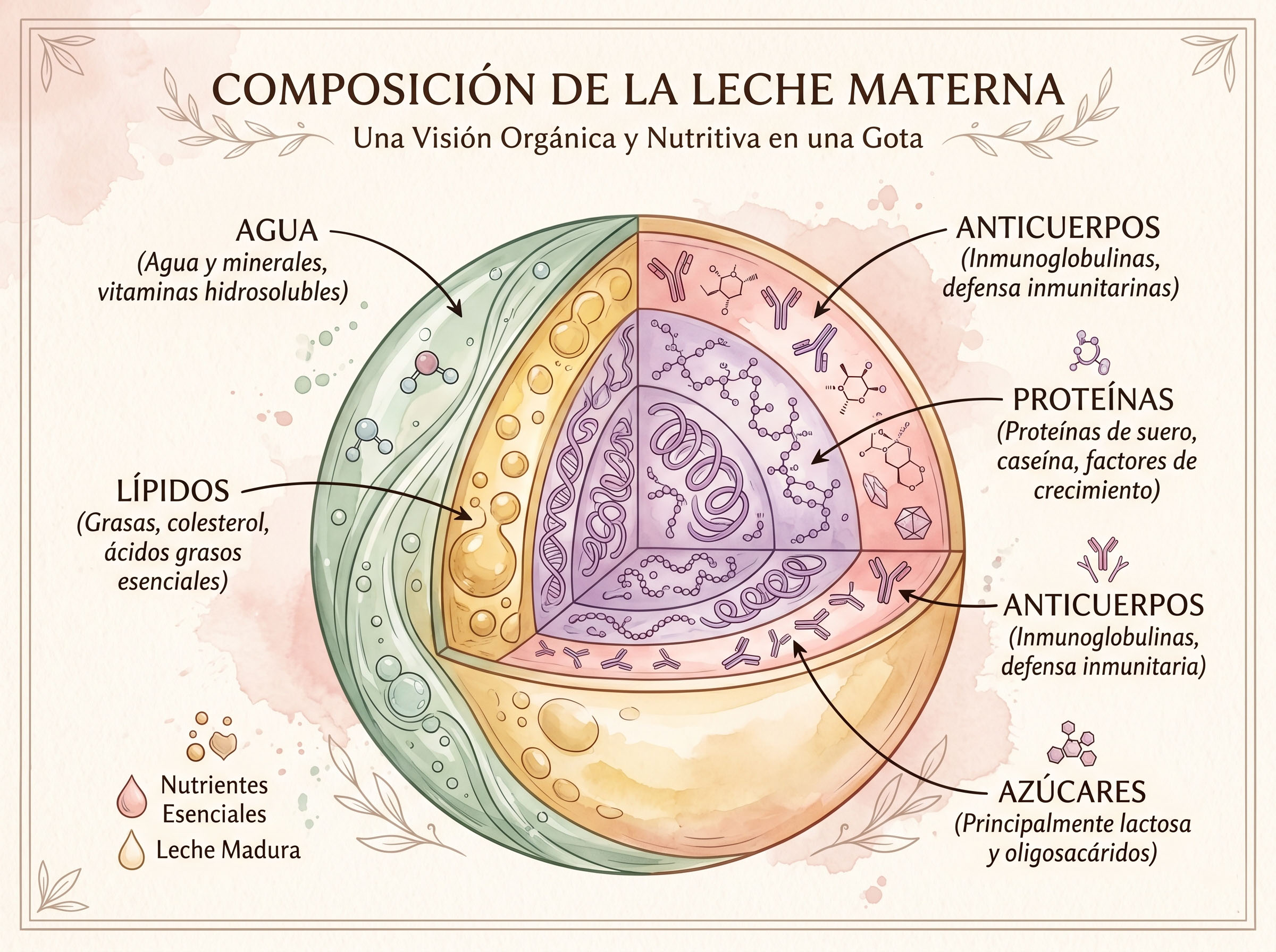 Ilustración científica que muestra la composición en capas de la leche materna humana: grasas, proteínas, anticuerpos y azúcares visualizados en tonos femeninos cálidos