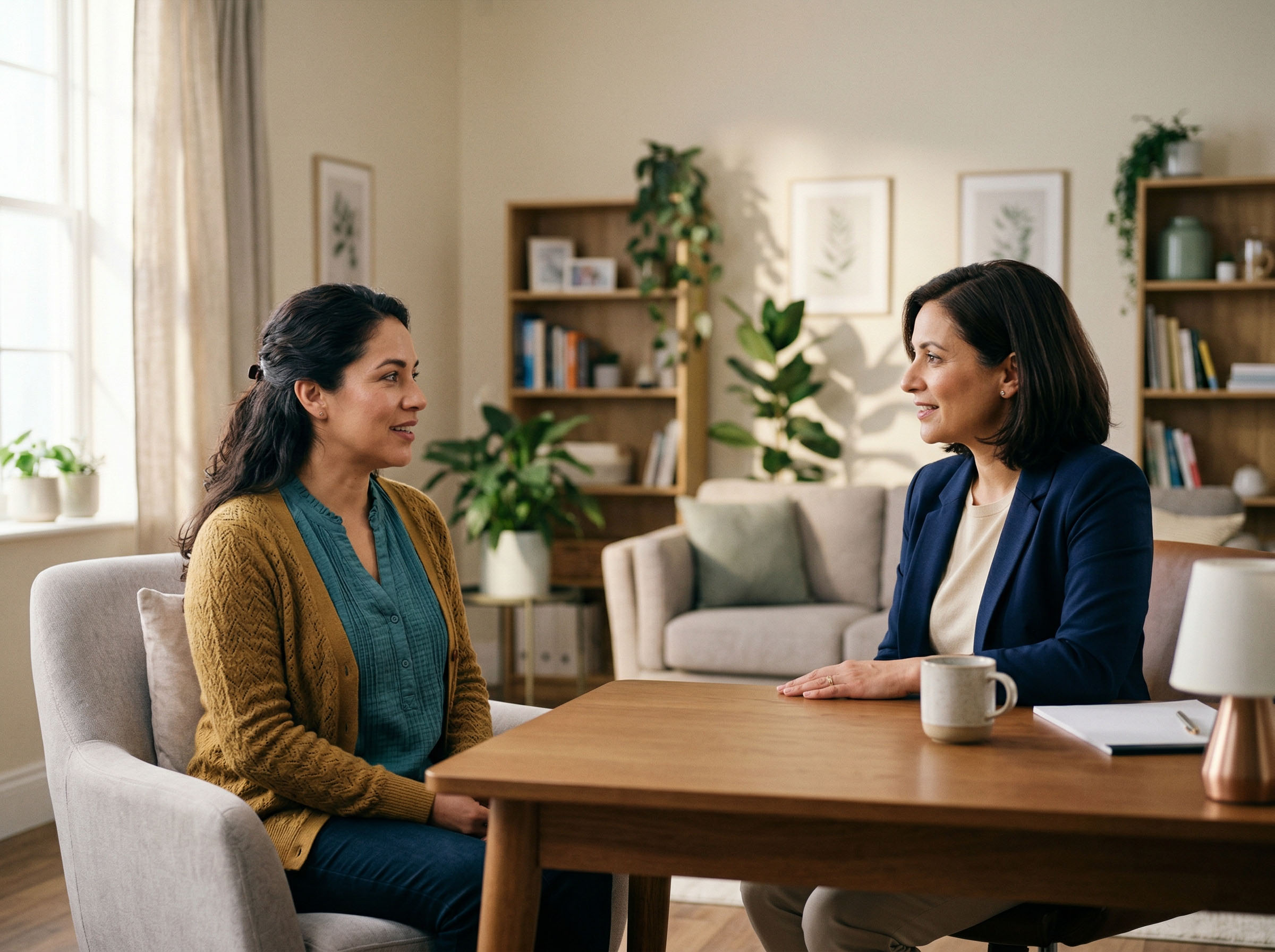 Mujer en un entorno de consulta médica tranquila con una ginecóloga revisando información de salud