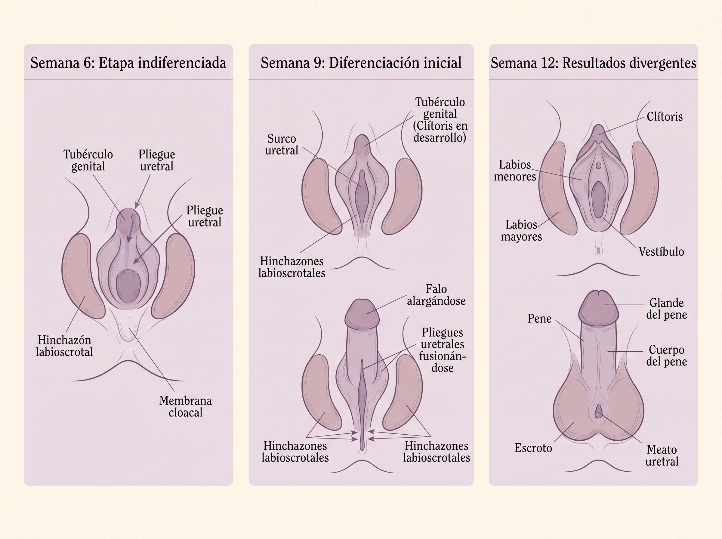 Ilustración del desarrollo genital embrionario que muestra la diferenciación del tubérculo genital en las vías femenina y masculina