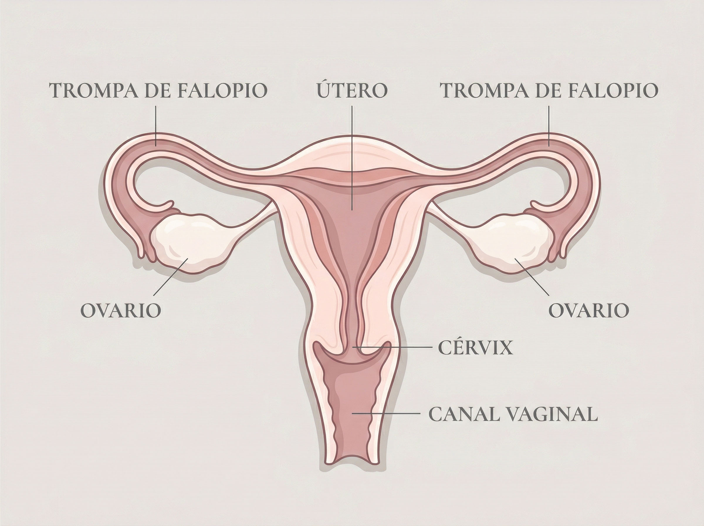 Un diagrama ilustrado del sistema reproductivo femenino interno, que incluye el útero, los ovarios, las trompas de Falopio, el cuello uterino y la vagina