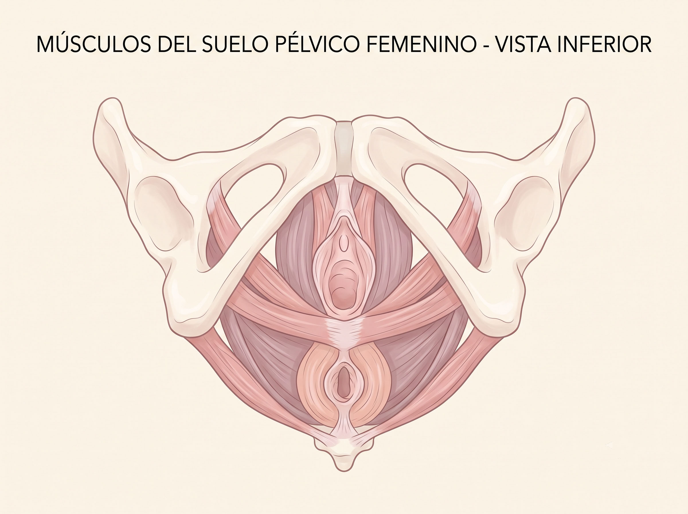 Diagrama ilustrado de los músculos del suelo pélvico femenino, la banda de músculos que hace posible el levantamiento de pesas vaginal