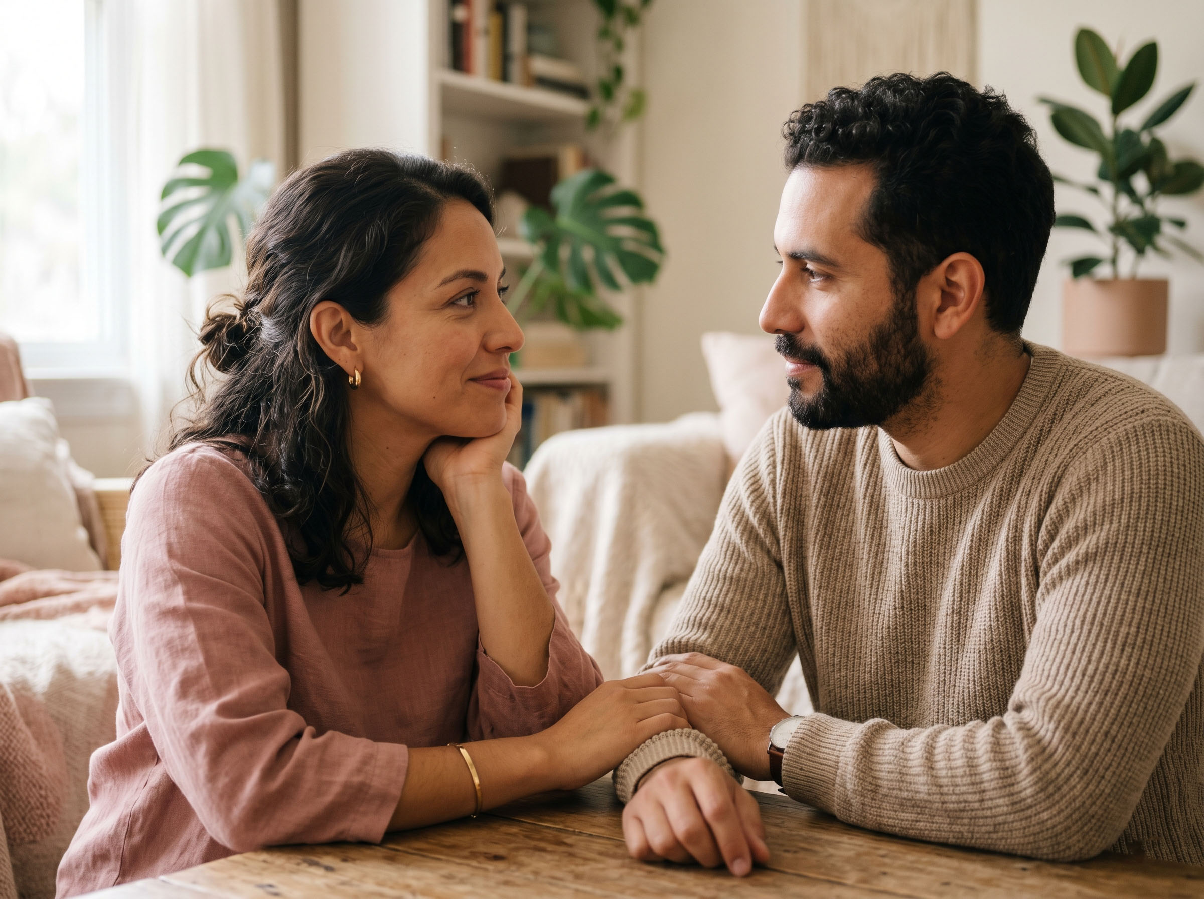 Mujer escuchando atentamente a su pareja, manteniendo un contacto visual cálido durante una conversación íntima