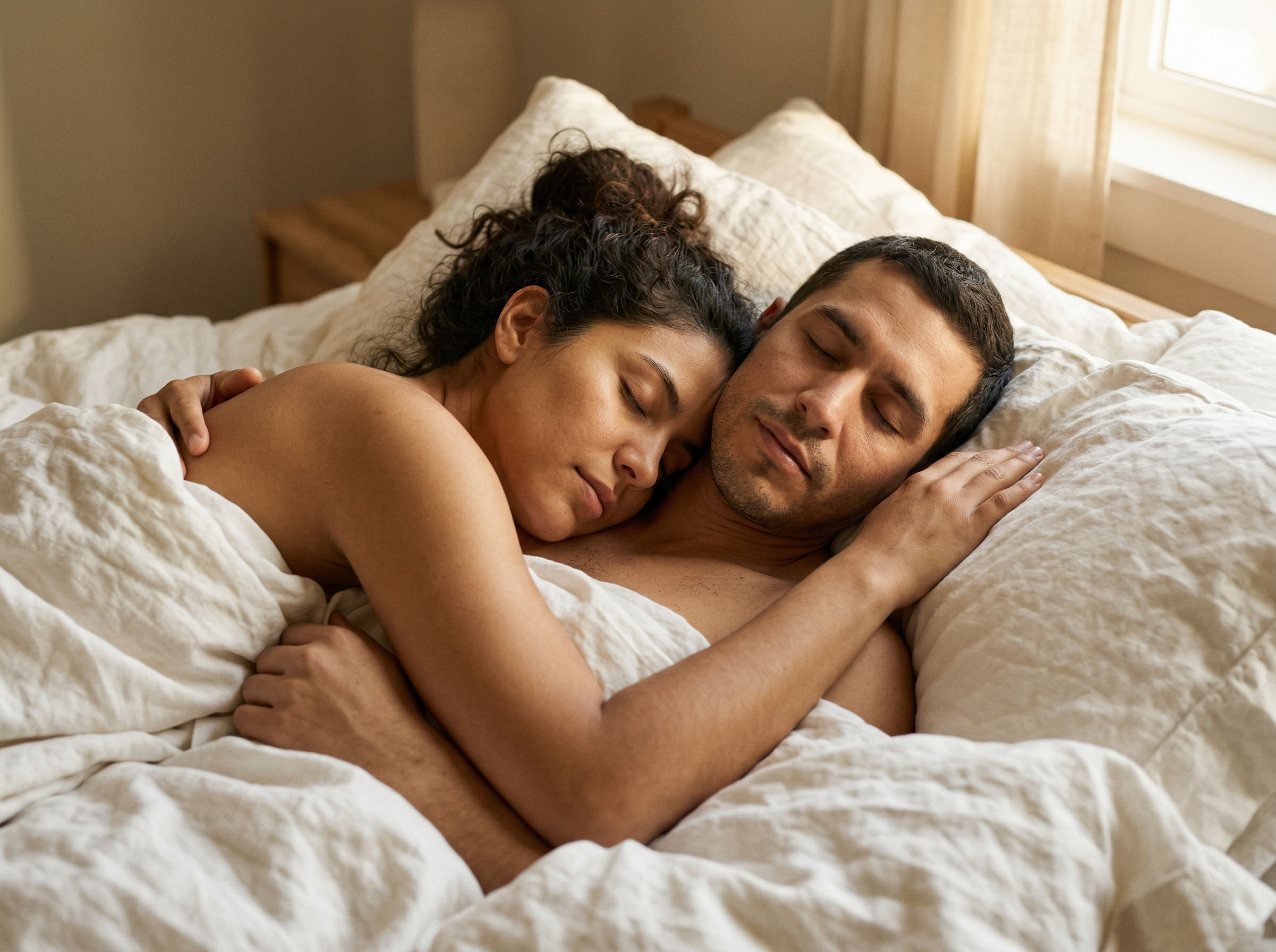 Pareja durmiendo pacíficamente bajo suave lino blanco, atmósfera cálida de mañana