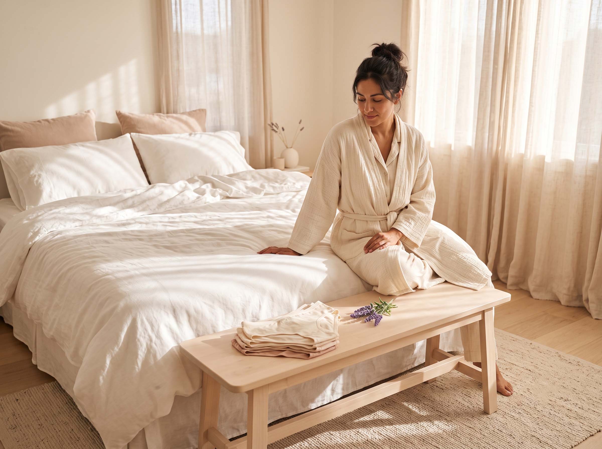 Ropa de cama de algodón blanco y suave bajo la cálida luz de la mañana, que representa la comodidad de un sueño transpirable y permite que la piel íntima descanse