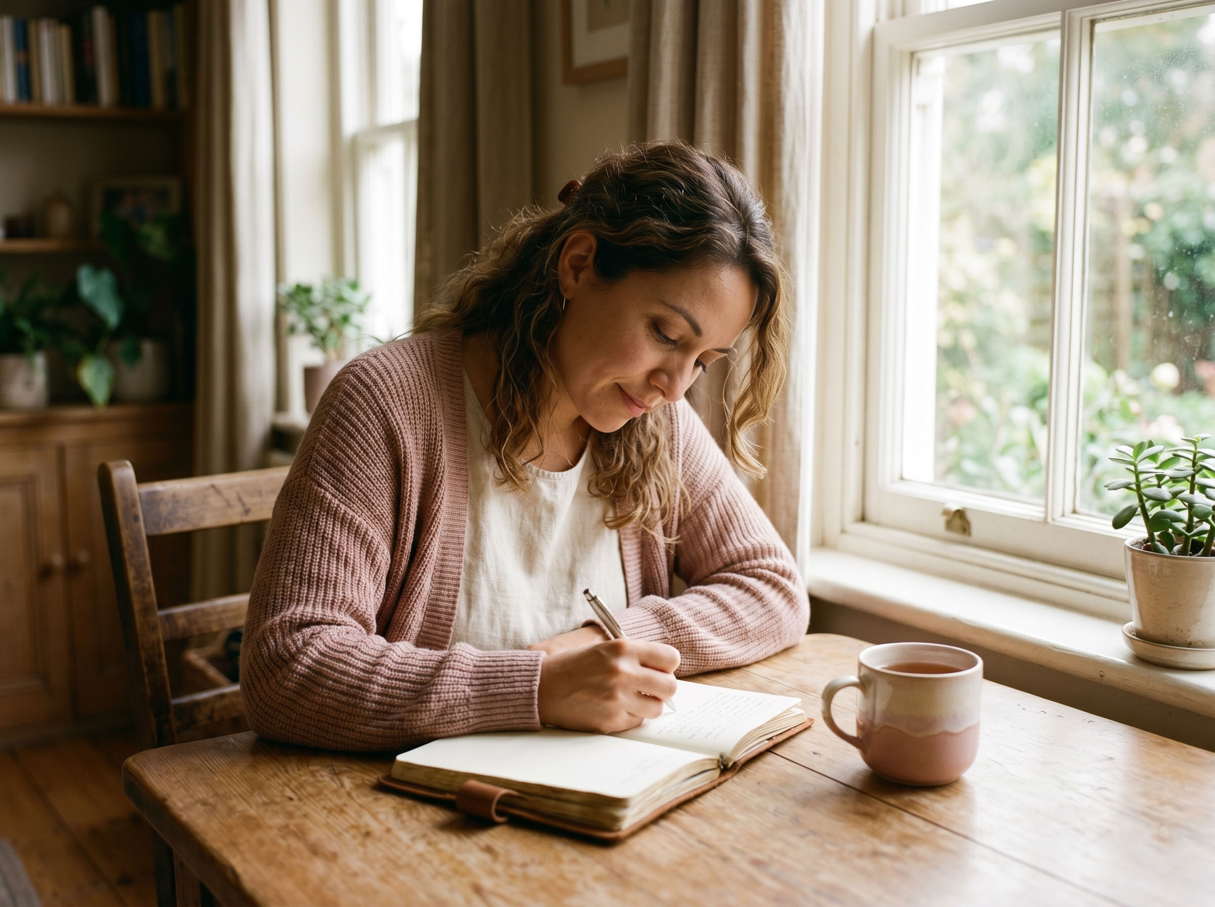 Mujer escribiendo en un diario en una mesa iluminada por el sol con una taza de té cerca