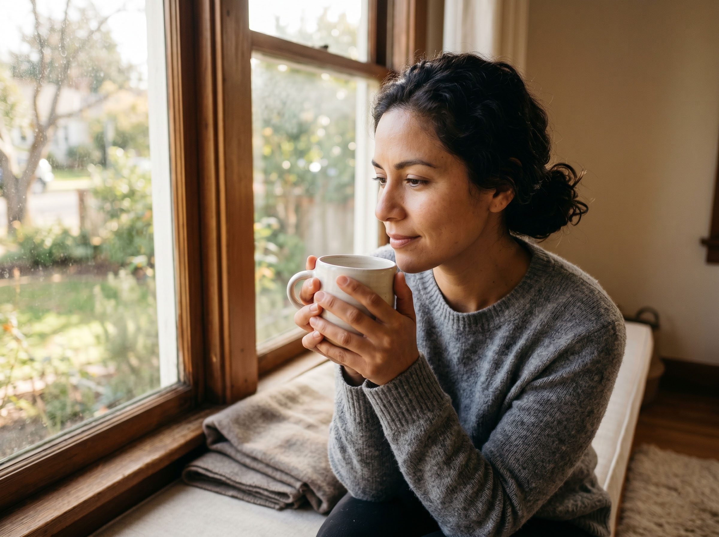 Mujer sentada sola junto a una ventana con la luz de la mañana, café en mano, con aspecto pacífico y relajado