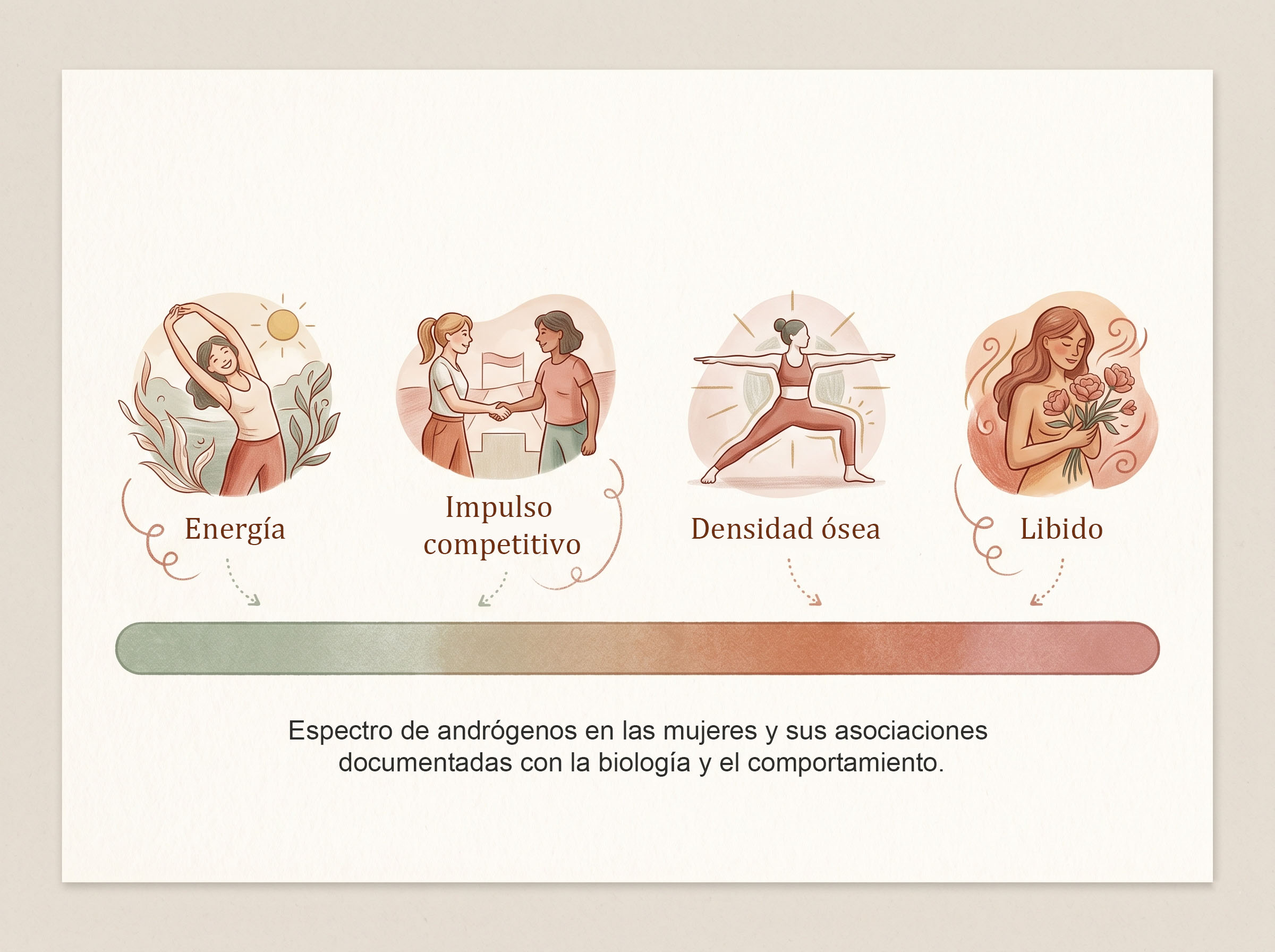 Diagrama editorial ilustrado que muestra el espectro de andrógenos en las mujeres y sus asociaciones documentadas con la biología y el comportamiento