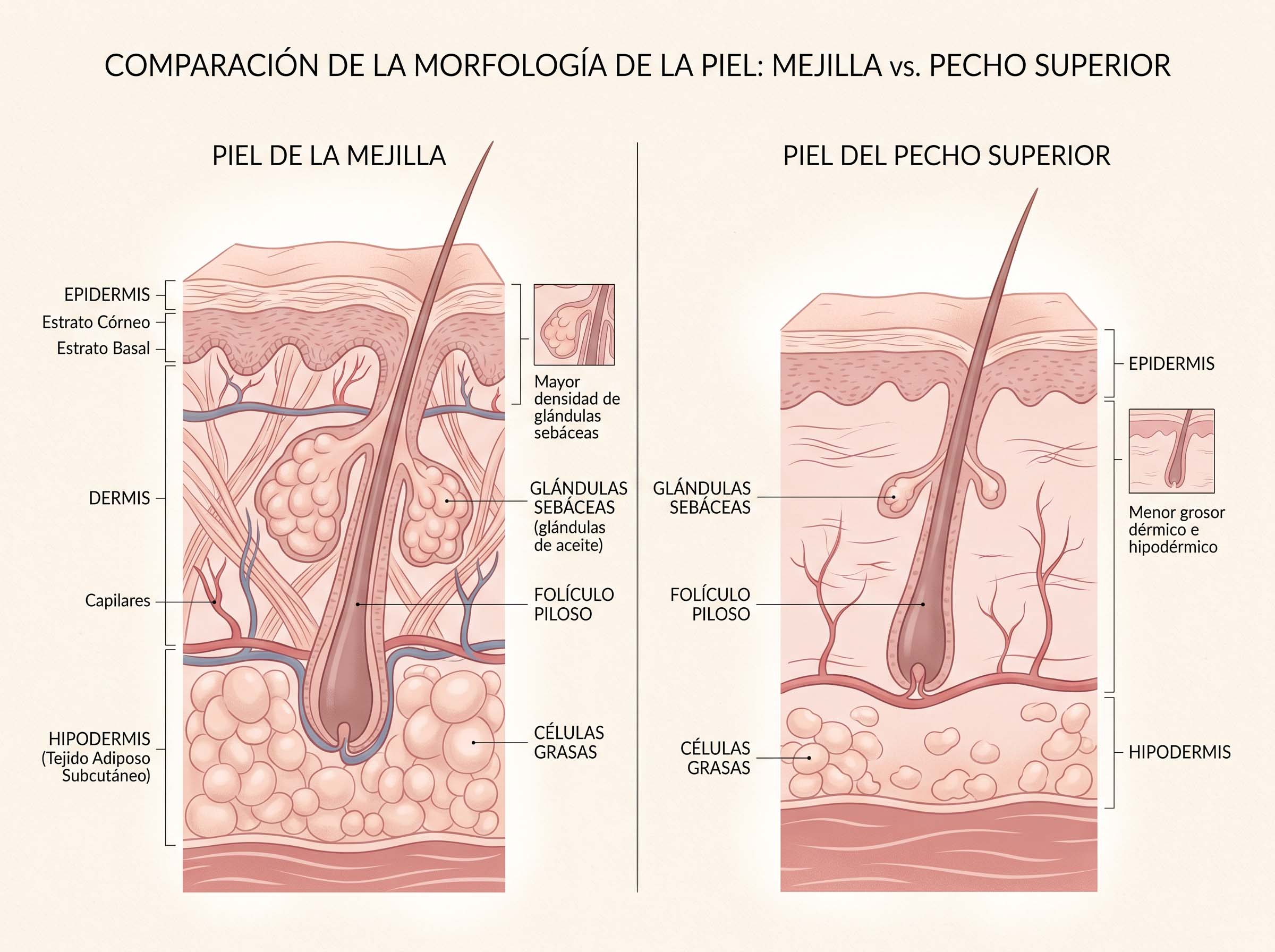 Diagrama ilustrado de sección transversal que compara las capas de la piel facial y la del pecho