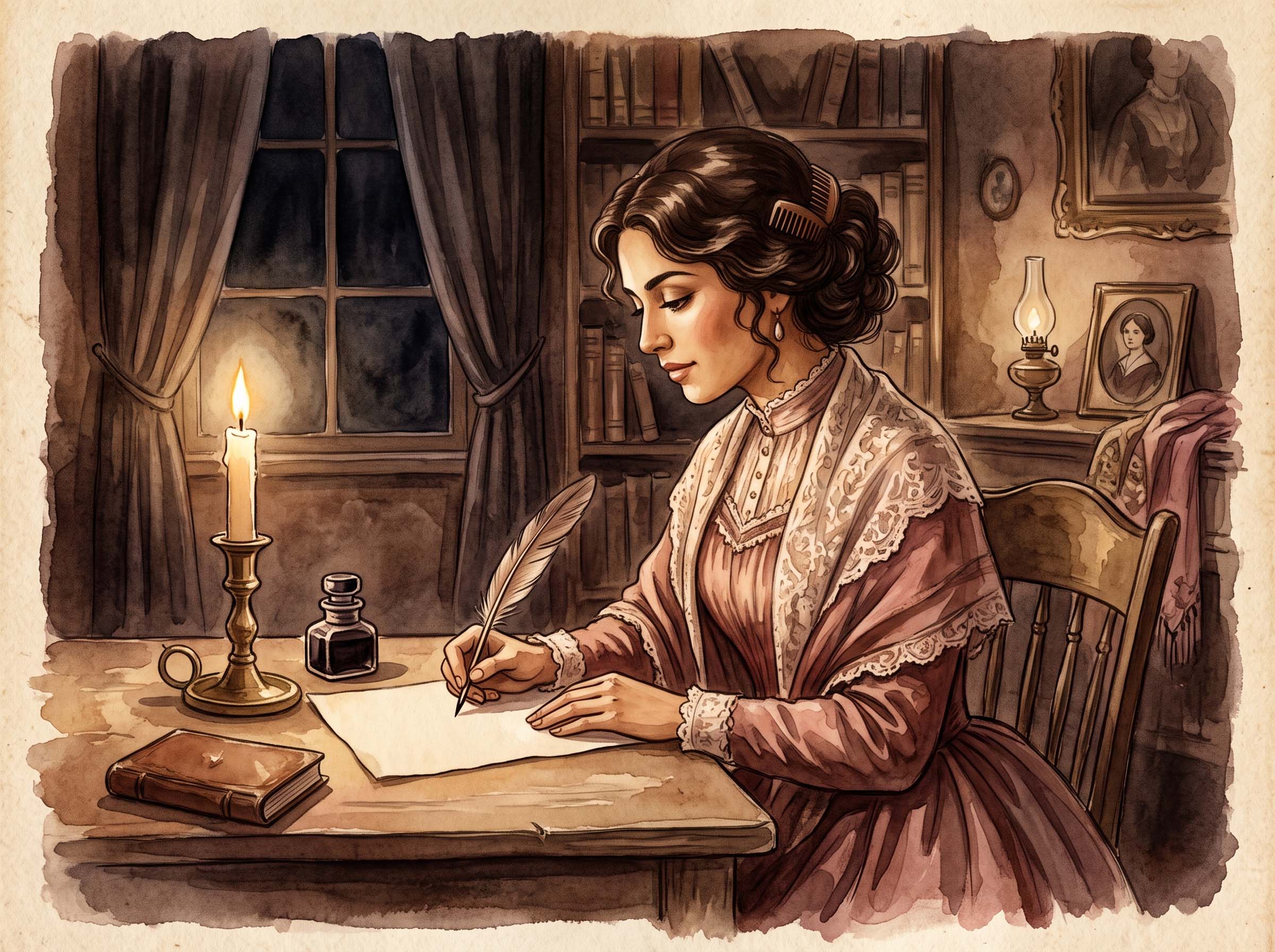 Ilustración antigua de una mujer escribiendo una carta de amor a la luz de las velas