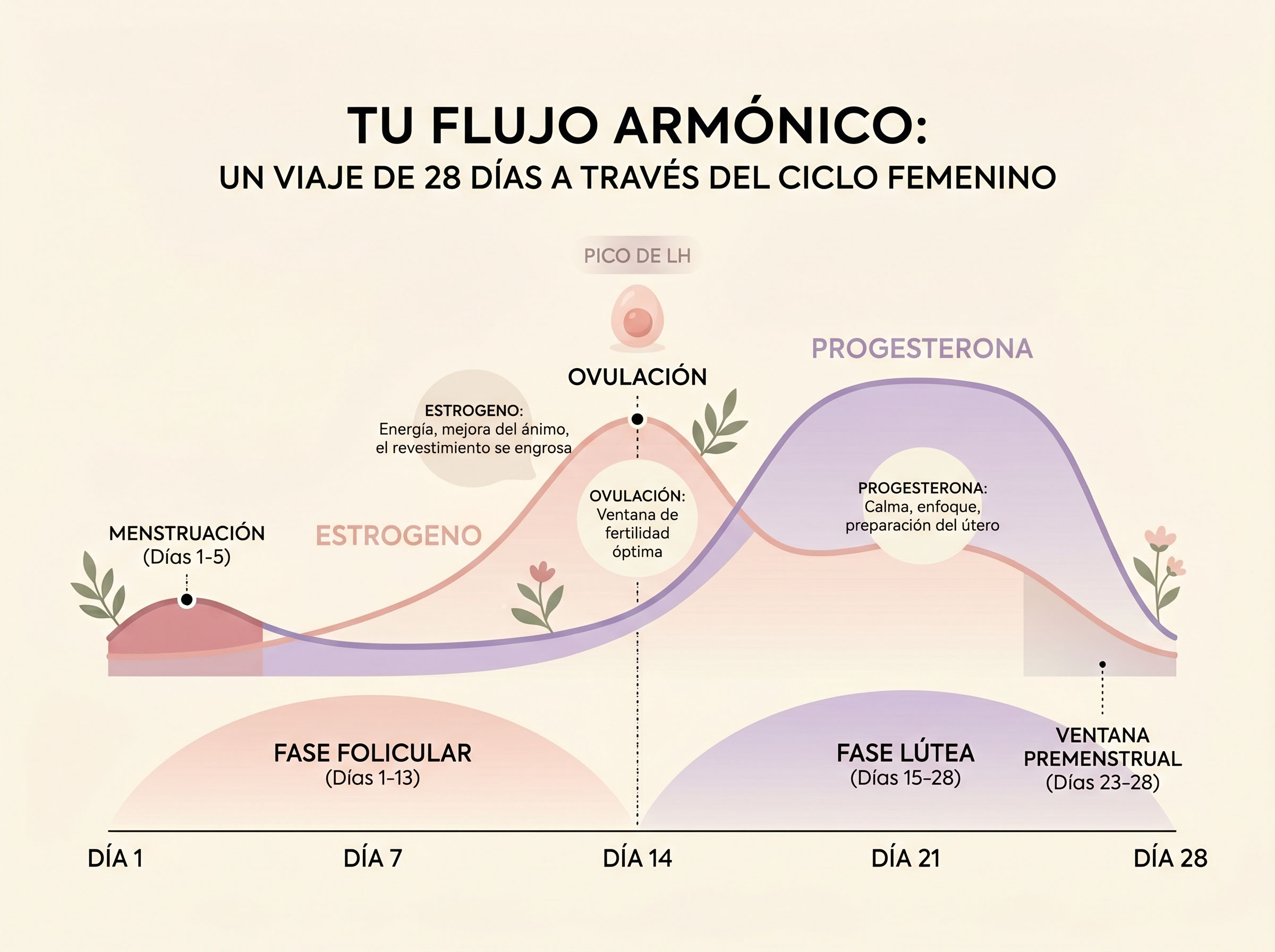 Representación visual del ciclo hormonal y su efecto en la humedad vaginal y el moco cervical a lo largo del mes