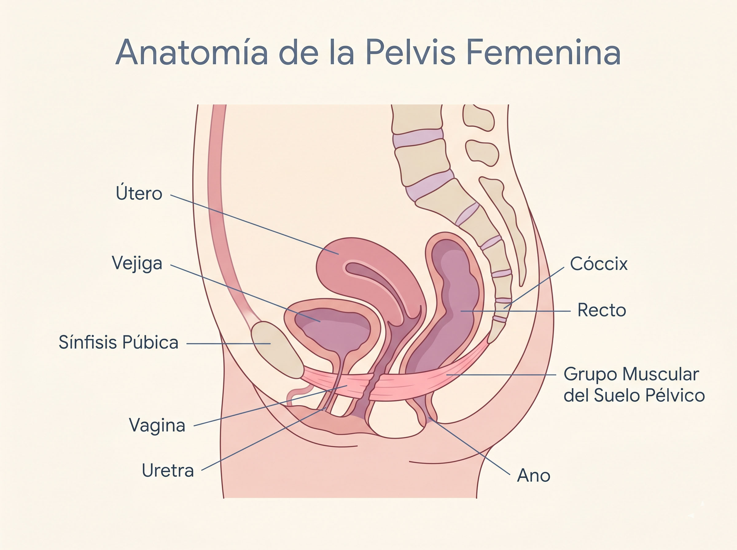 Diagrama ilustrado simple de una sección transversal de la pelvis femenina que muestra el grupo de músculos del suelo pélvico