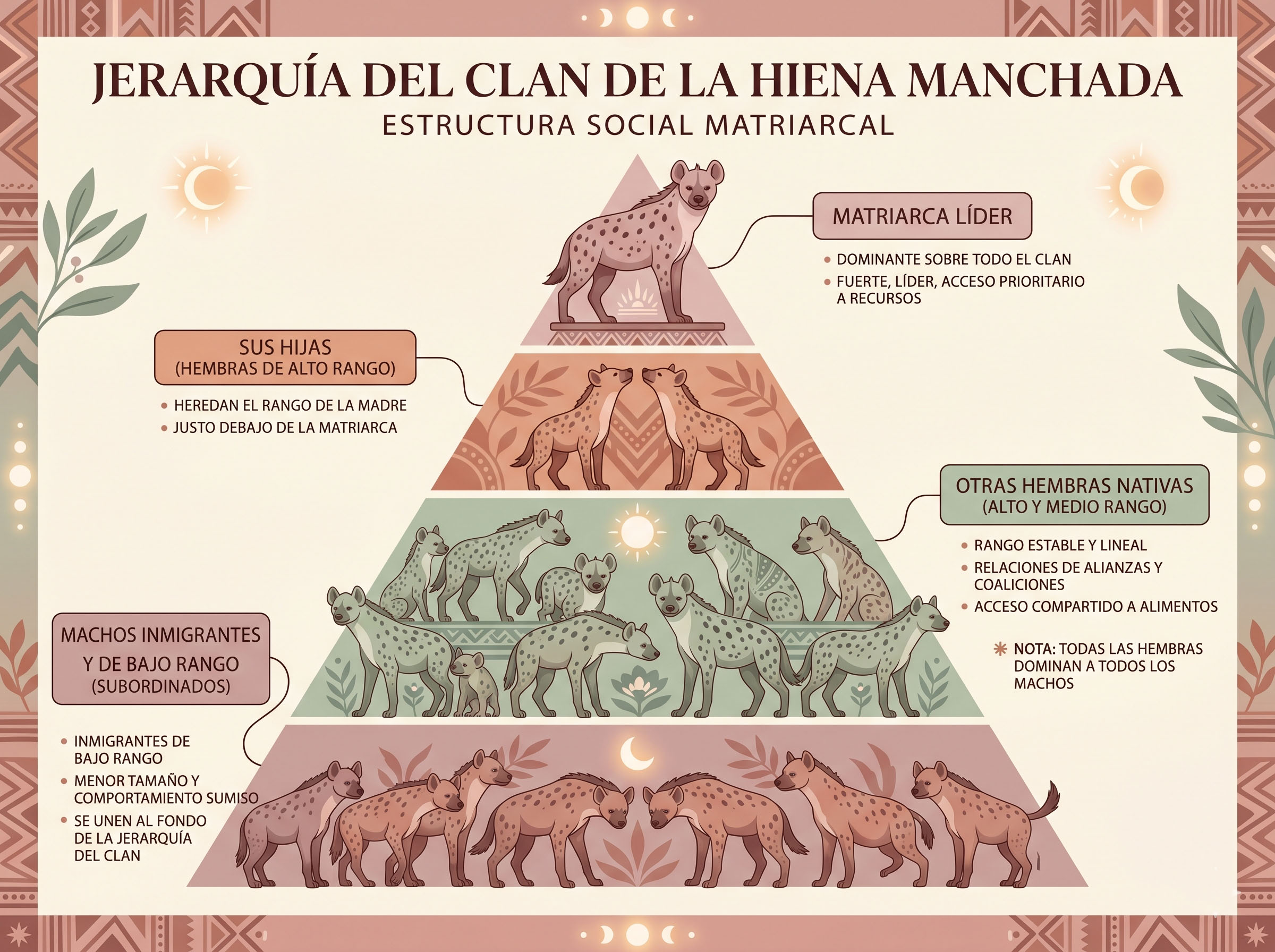 Diagrama ilustrado de la jerarquía social del clan de la hiena manchada que muestra la estructura de dominancia femenina