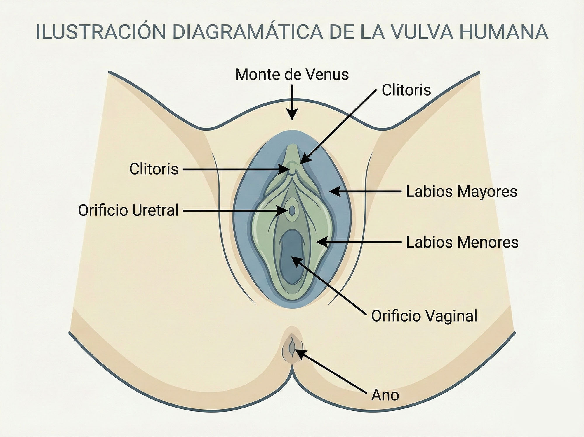 Ilustración médica esquemática de la vulva femenina.