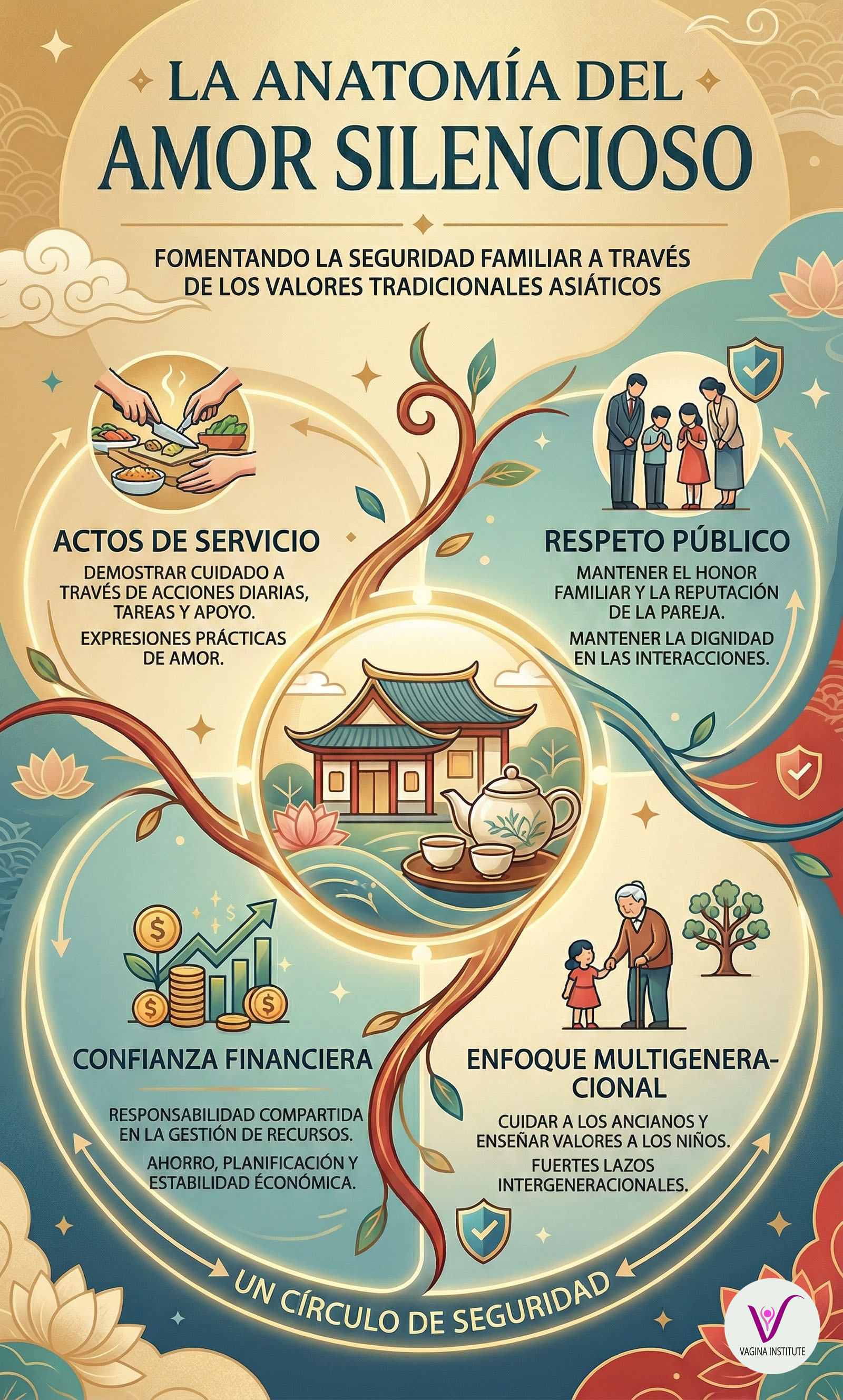 Infografía: La anatomía del amor silencioso mostrando valores asiáticos tradicionales en el matrimonio