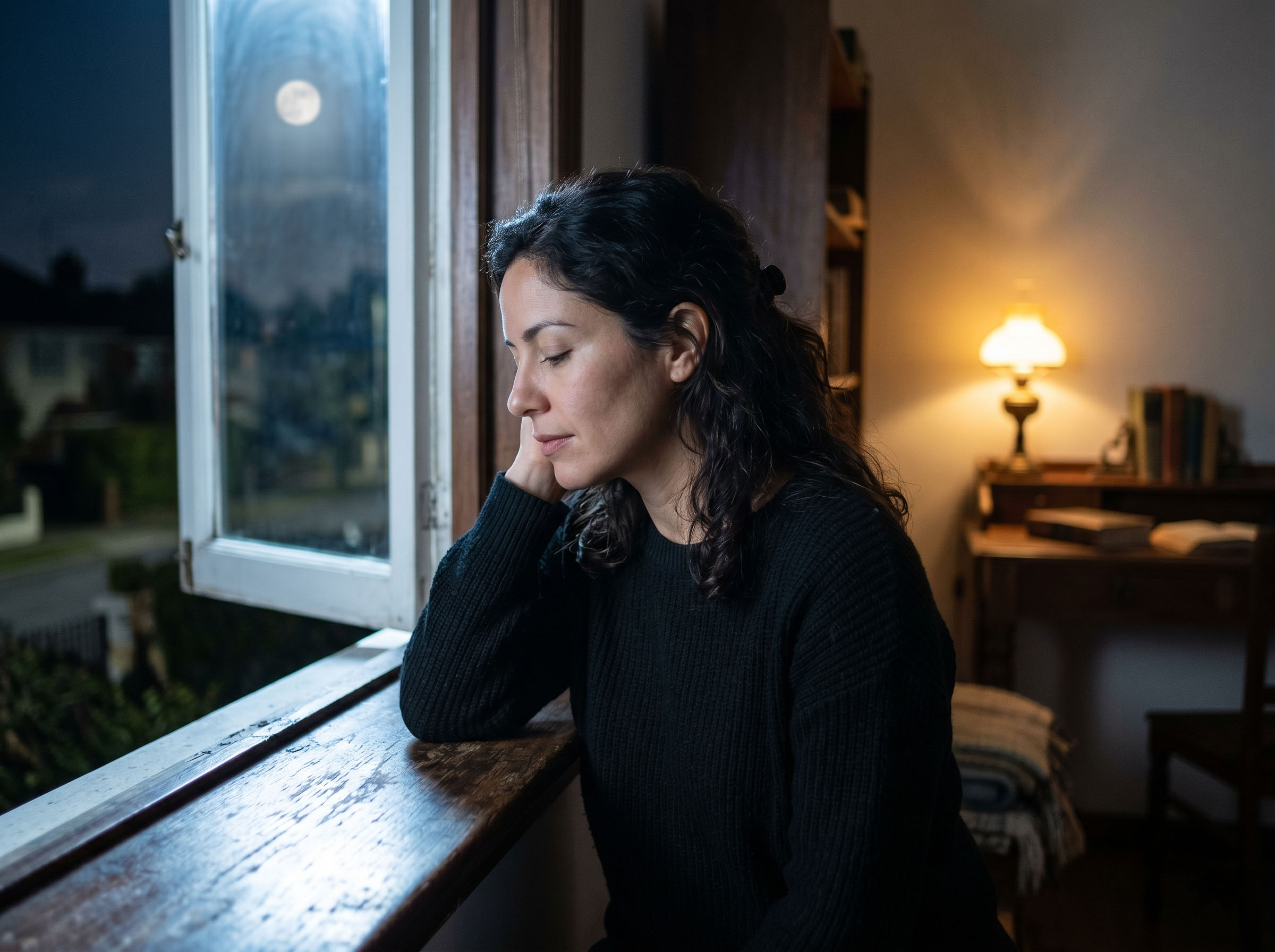 Mujer sentada junto a una ventana por la noche con la luz de la luna cayendo sobre ella, representando el ritmo circadiano y la exposición a la luz natural