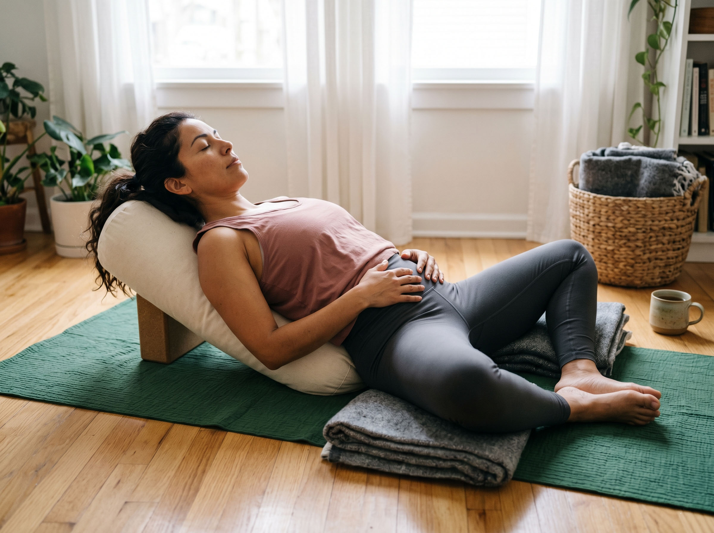Mujer practicando la postura de yoga de mariposa reclinada con apoyo sobre una esterilla con cojín, luz natural, bienestar reproductivo