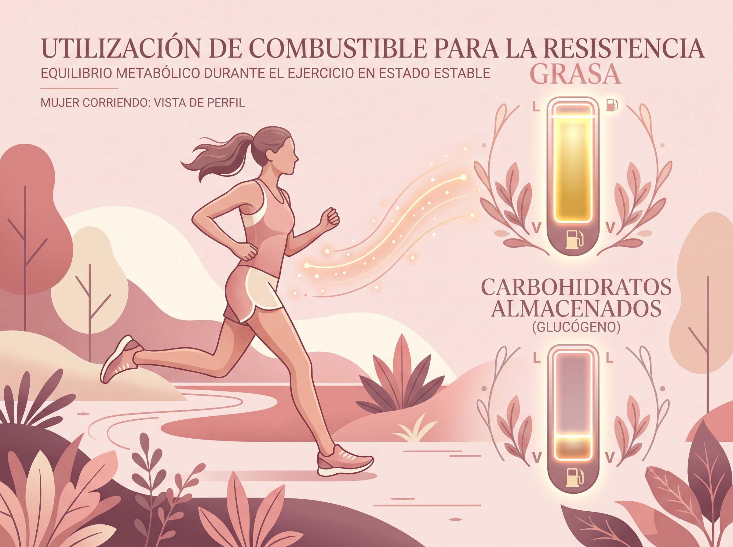 Ilustración que compara la mezcla de combustible que utiliza el cuerpo de una mujer durante el ejercicio de resistencia constante, favoreciendo la grasa sobre los carbohidratos almacenados