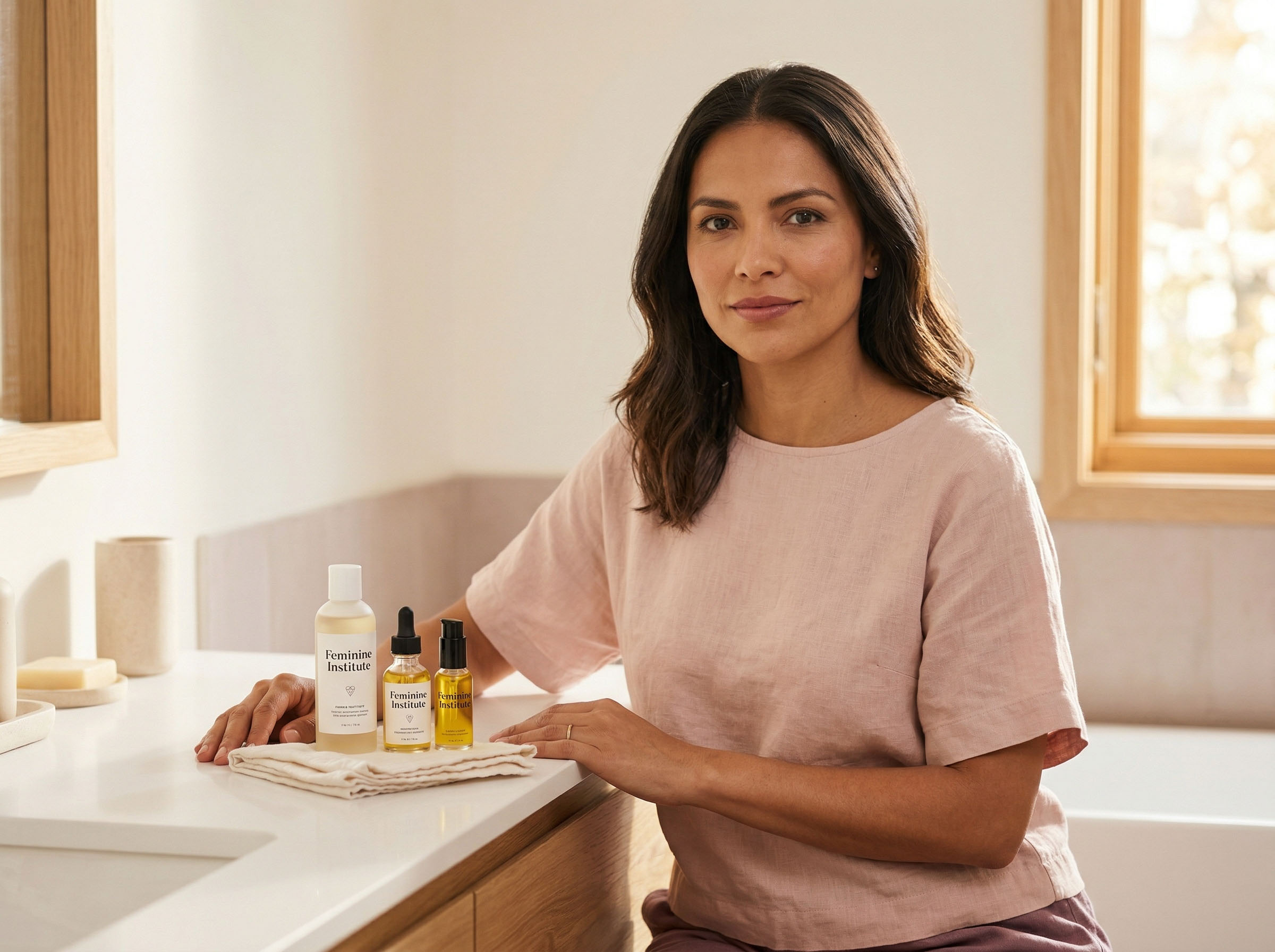 Mujer en un baño iluminado revisando productos de higiene y cuidado de la piel en un tocador